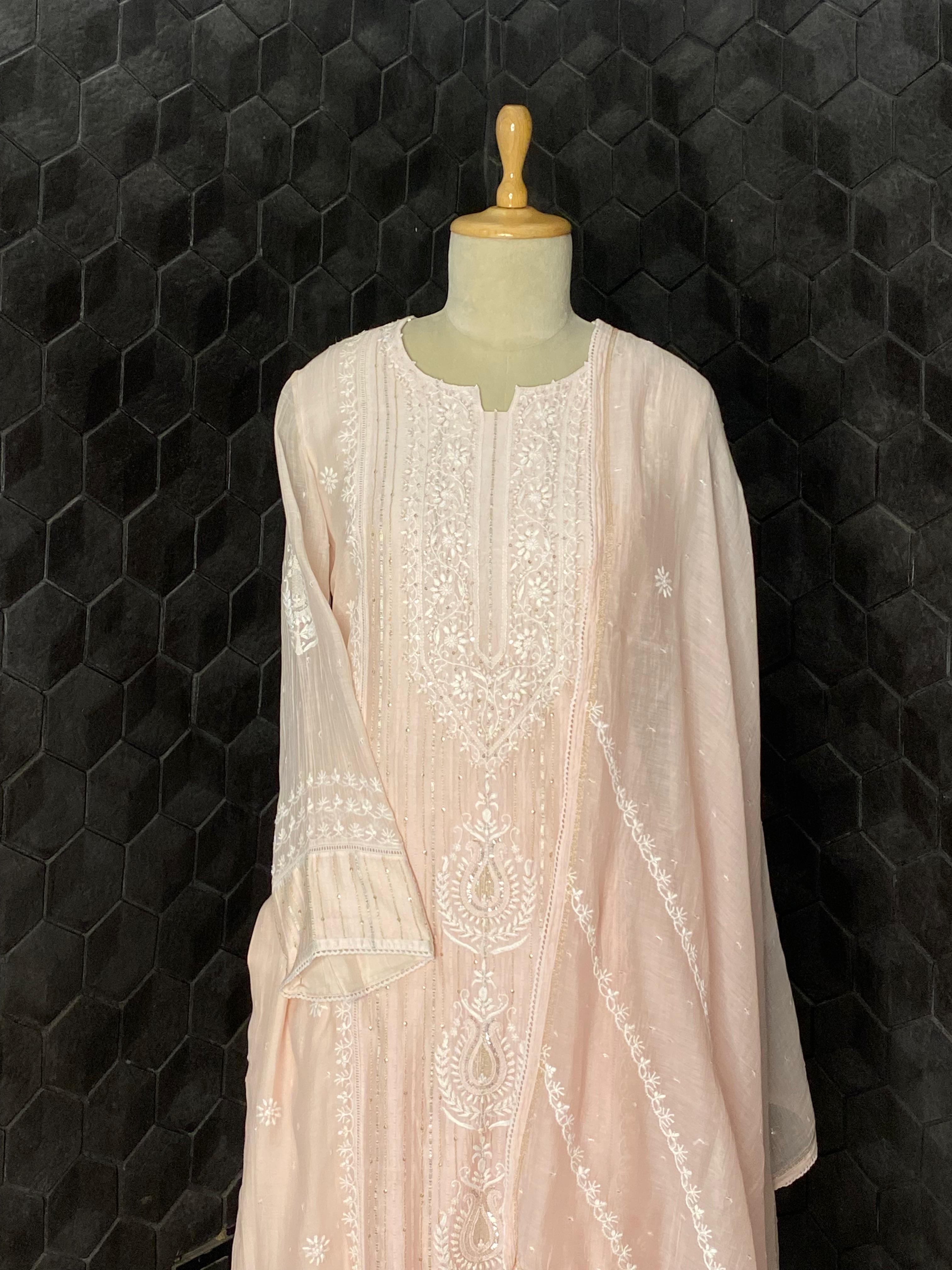 Pink Mul Chanderi Chikankari Suit Set