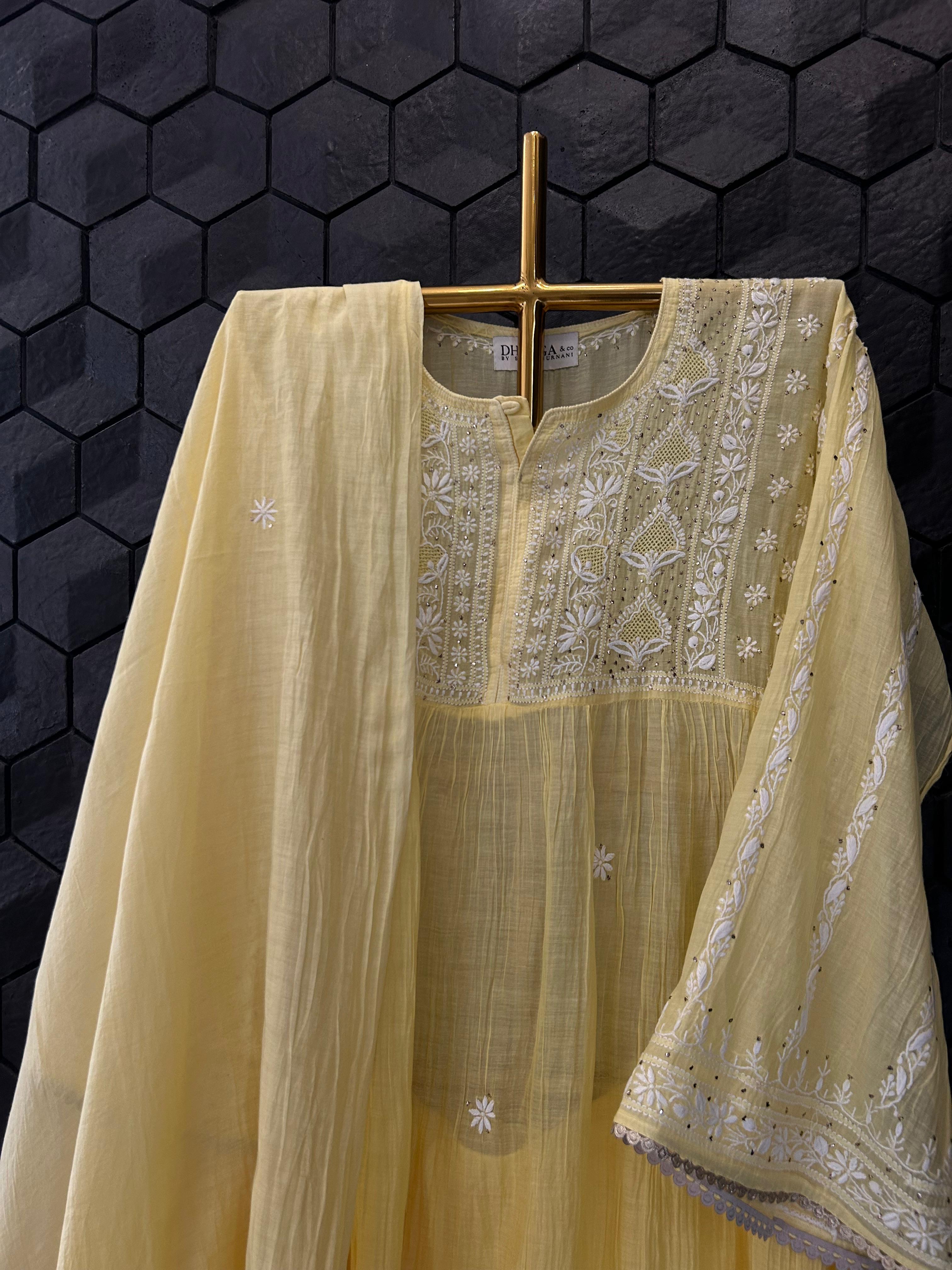 Yellow Mul Chanderi Chikankari Mukaish Sharara Set