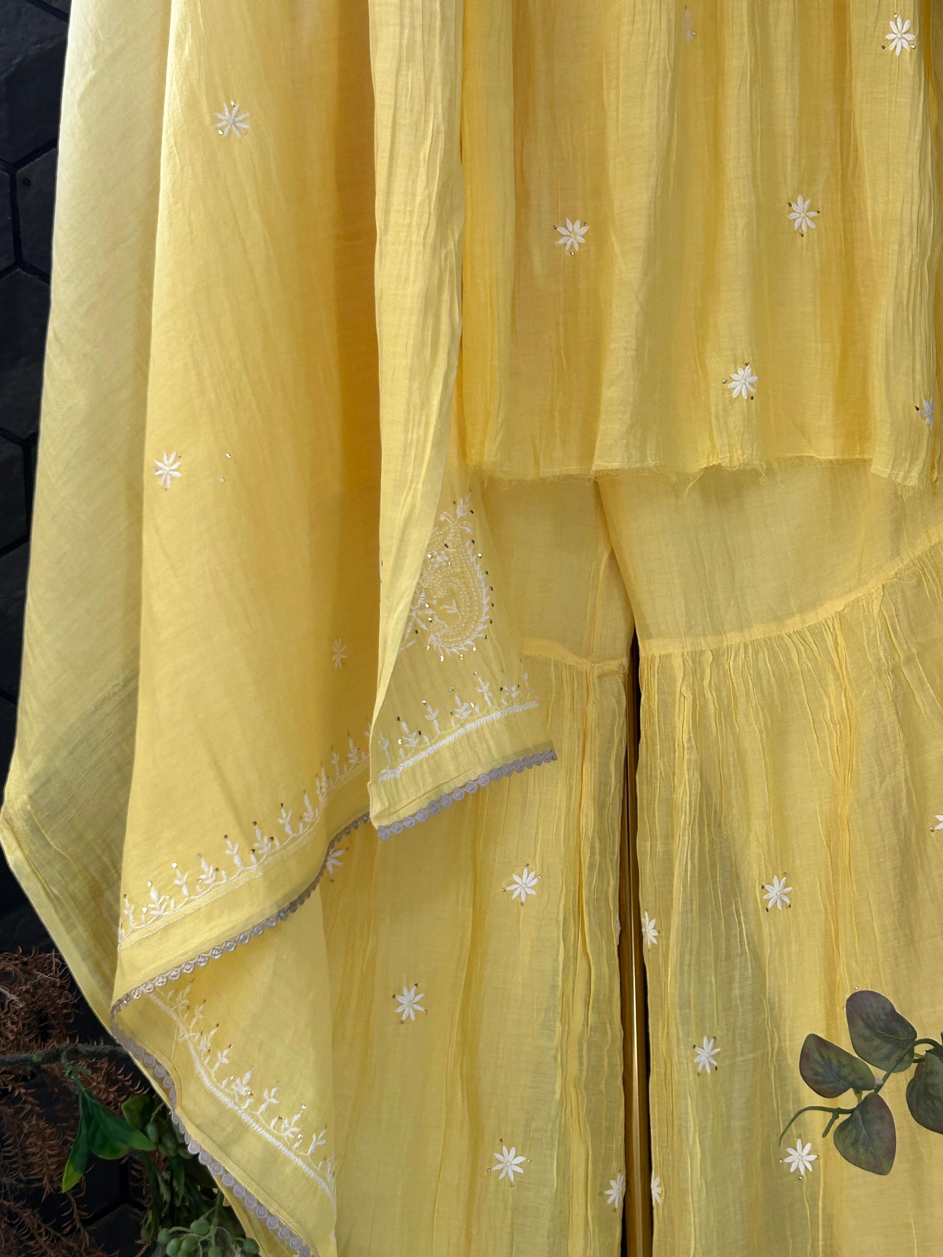 Yellow Mul Chanderi Chikankari Mukaish Sharara Set