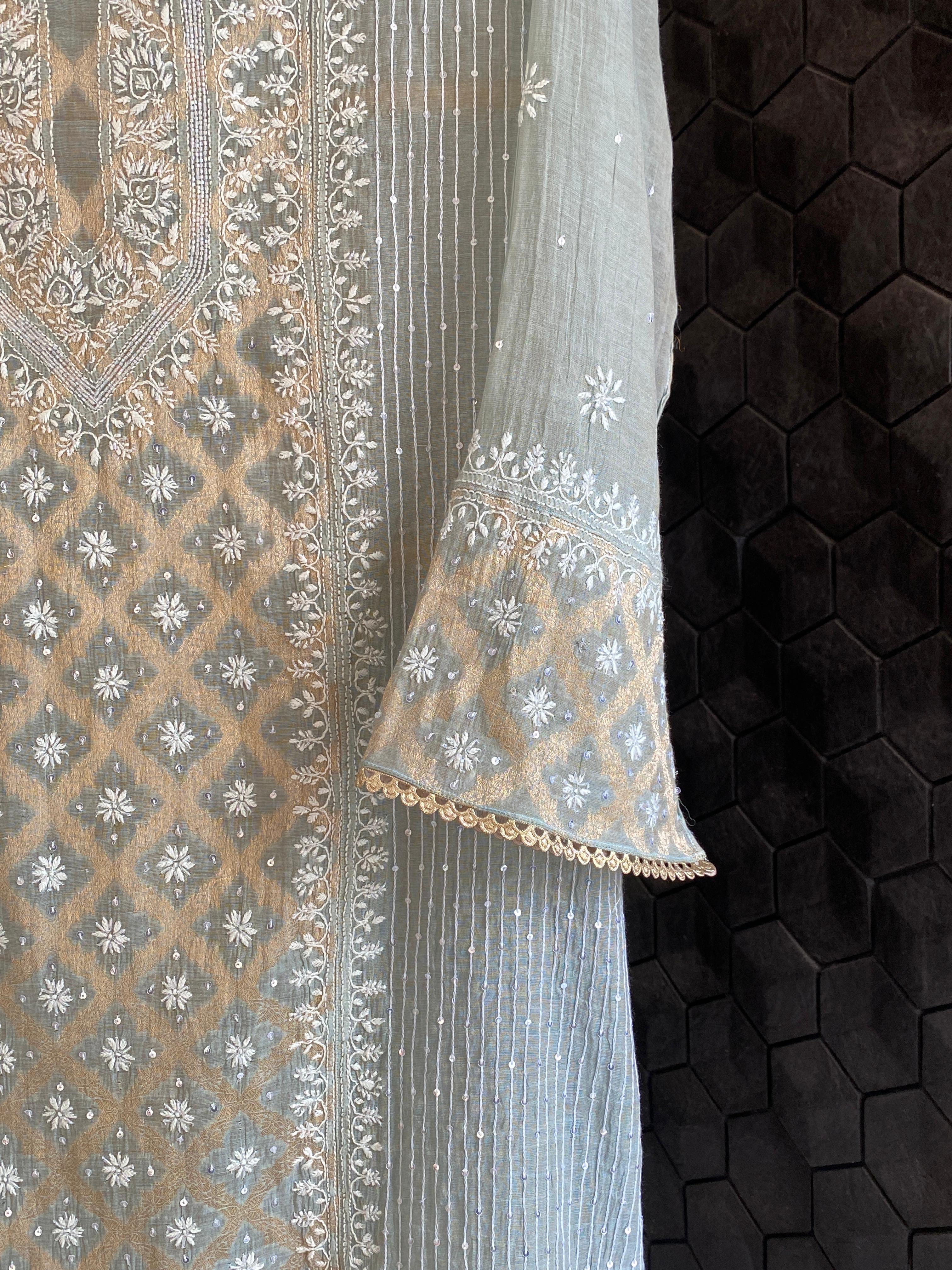 Green Golden Tissue Chikankari Kurta Set