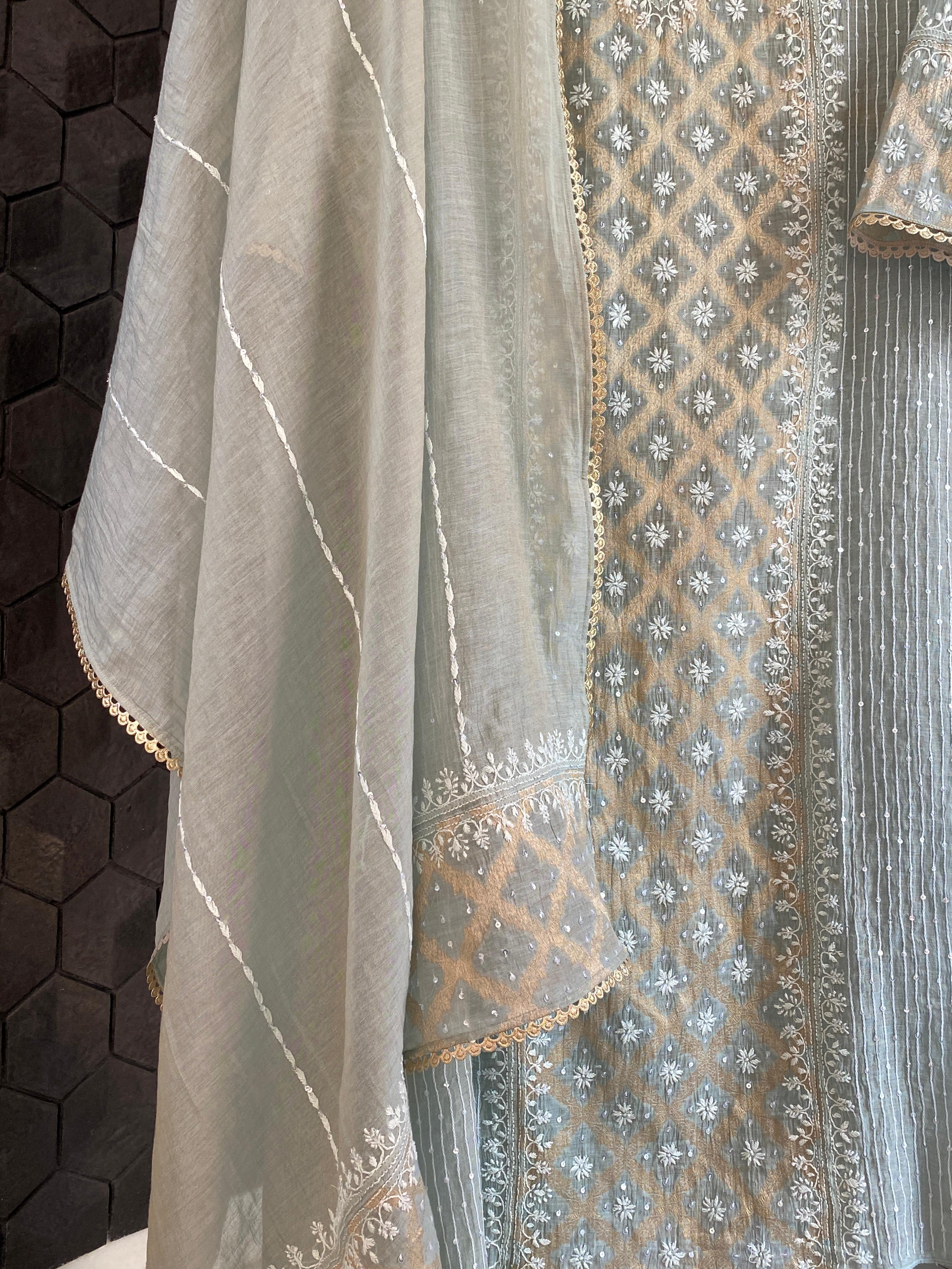 Green Golden Tissue Chikankari Kurta Set