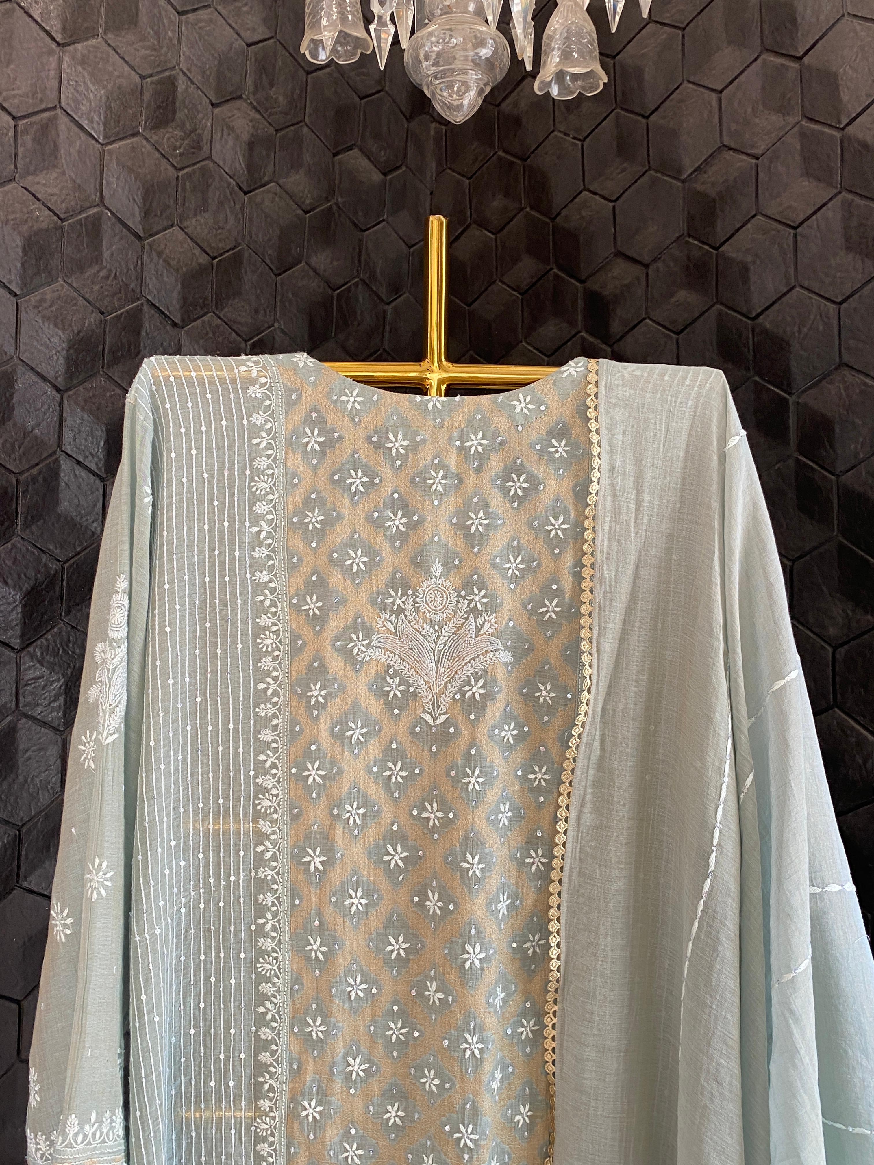 Green Golden Tissue Chikankari Kurta Set