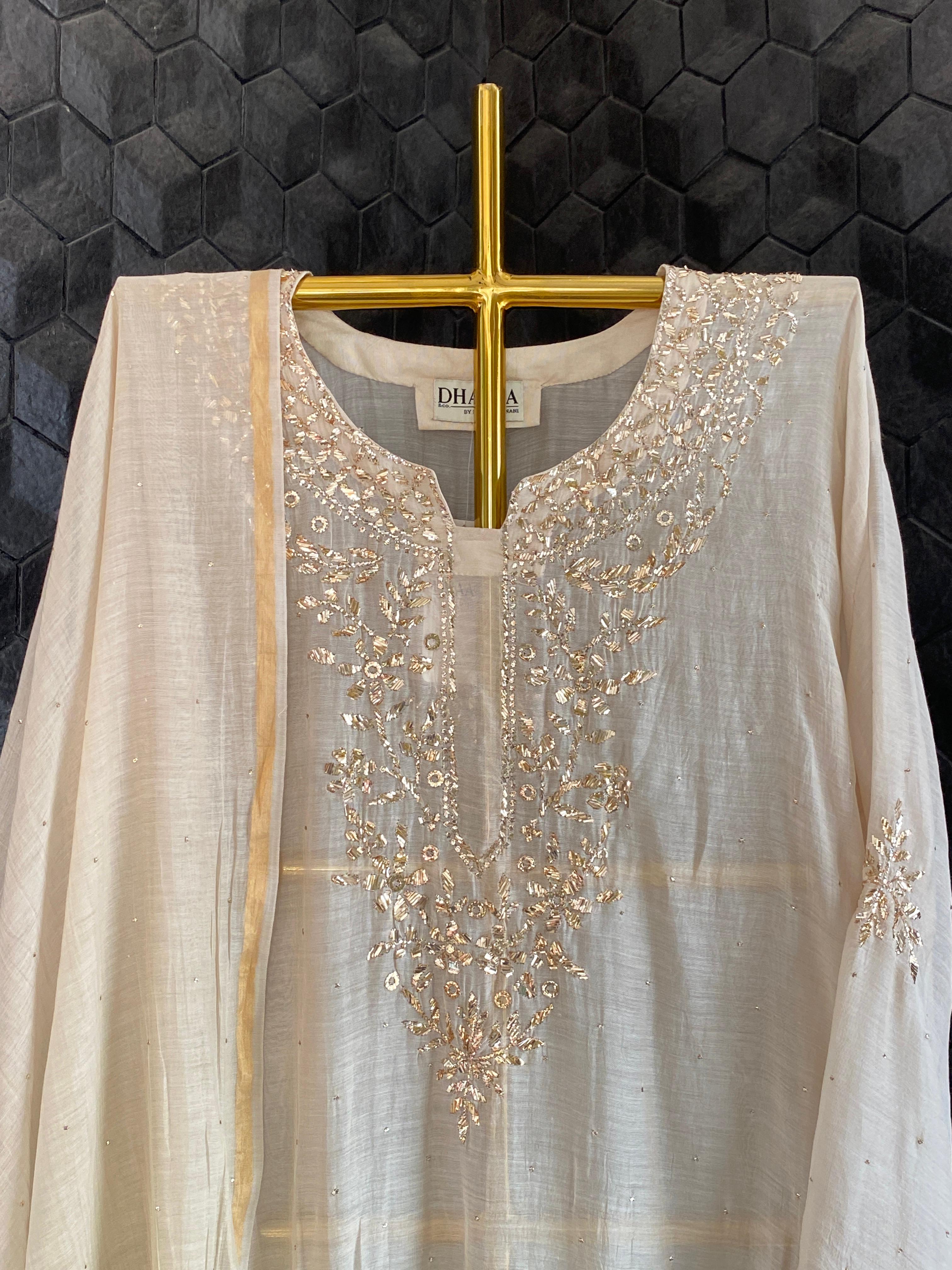 Beige Mul Chanderi Mukaish Kurta Set