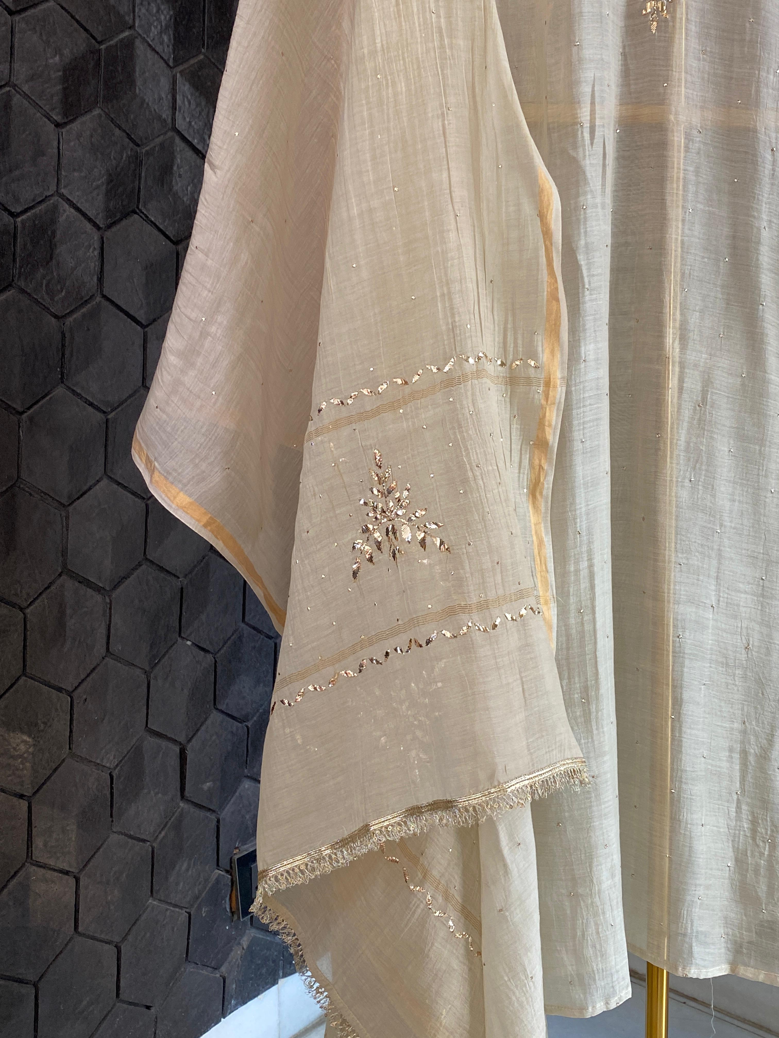Beige Mul Chanderi Mukaish Kurta Set