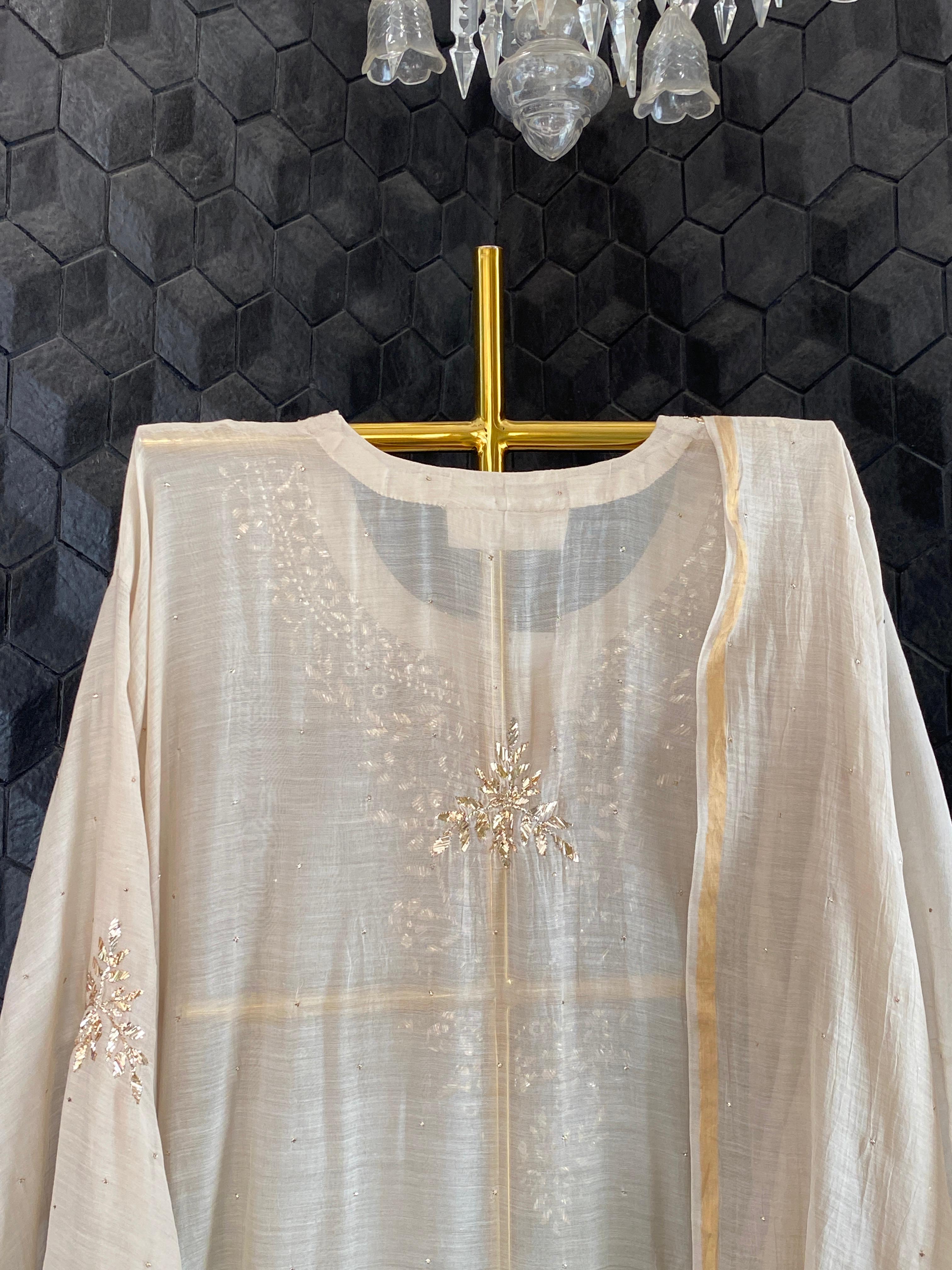 Beige Mul Chanderi Mukaish Kurta Set