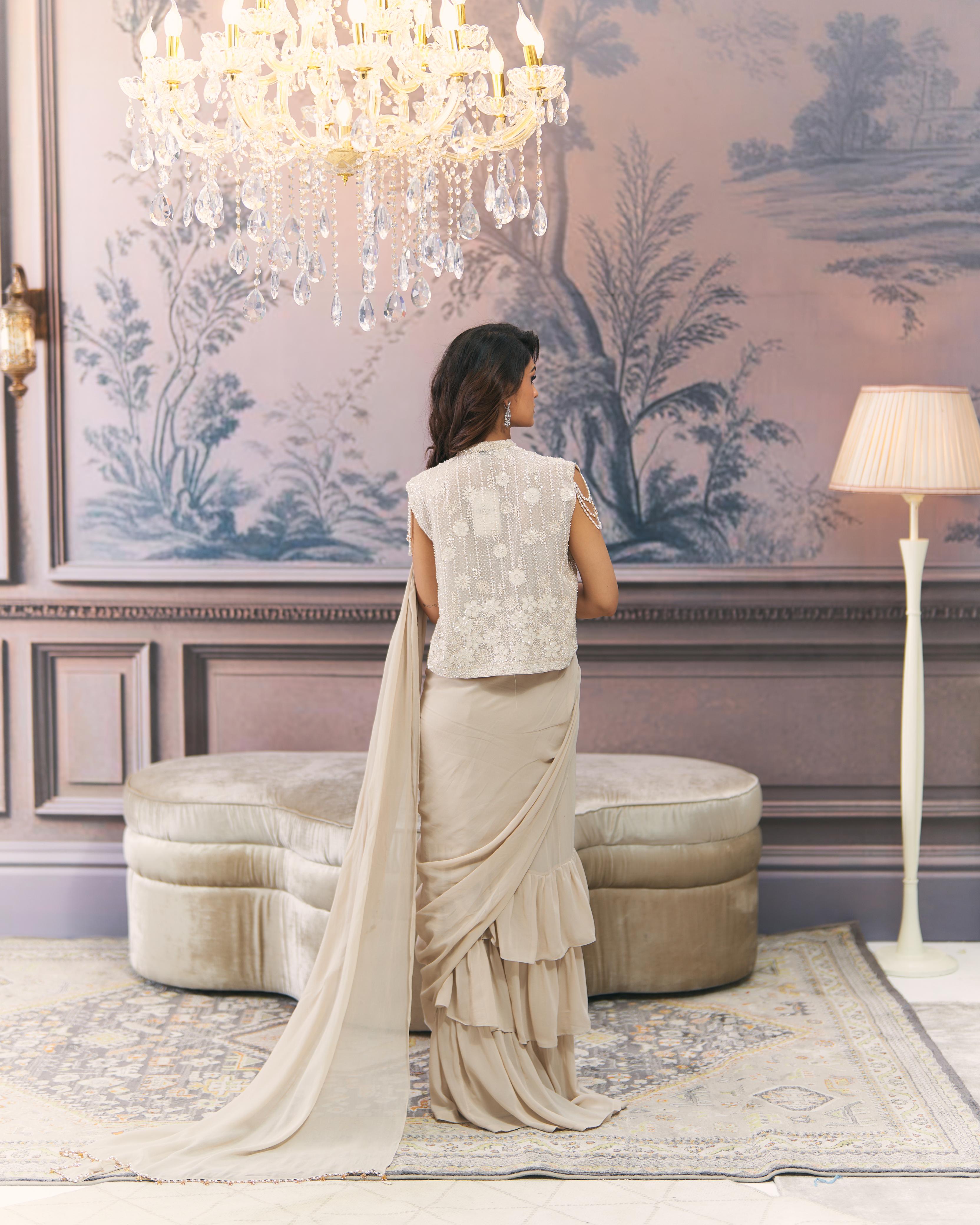 Pre-draped Saree & Chikankari Jacket Set