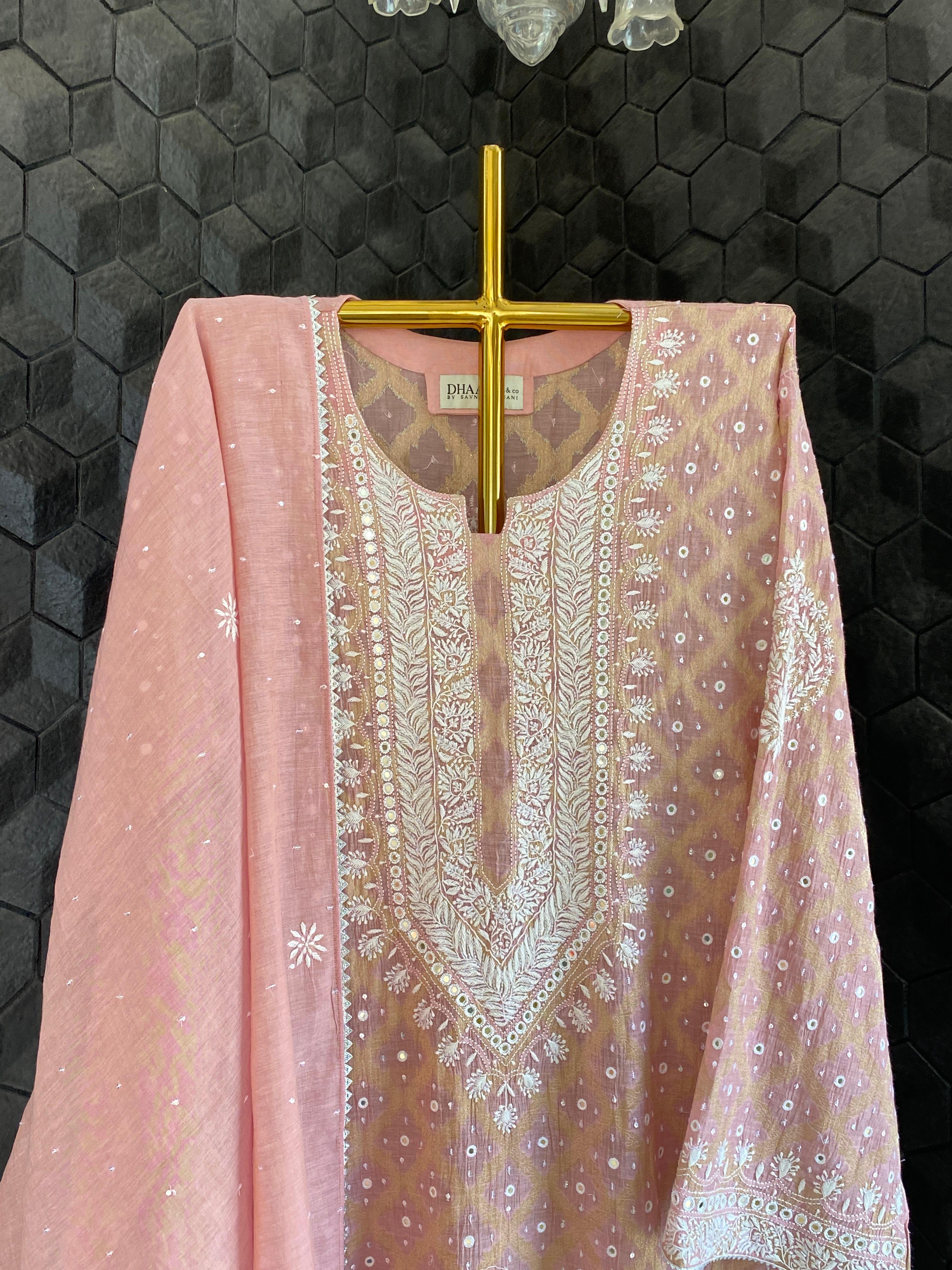 Pink Golden Tissue Chikankari Kurta Set