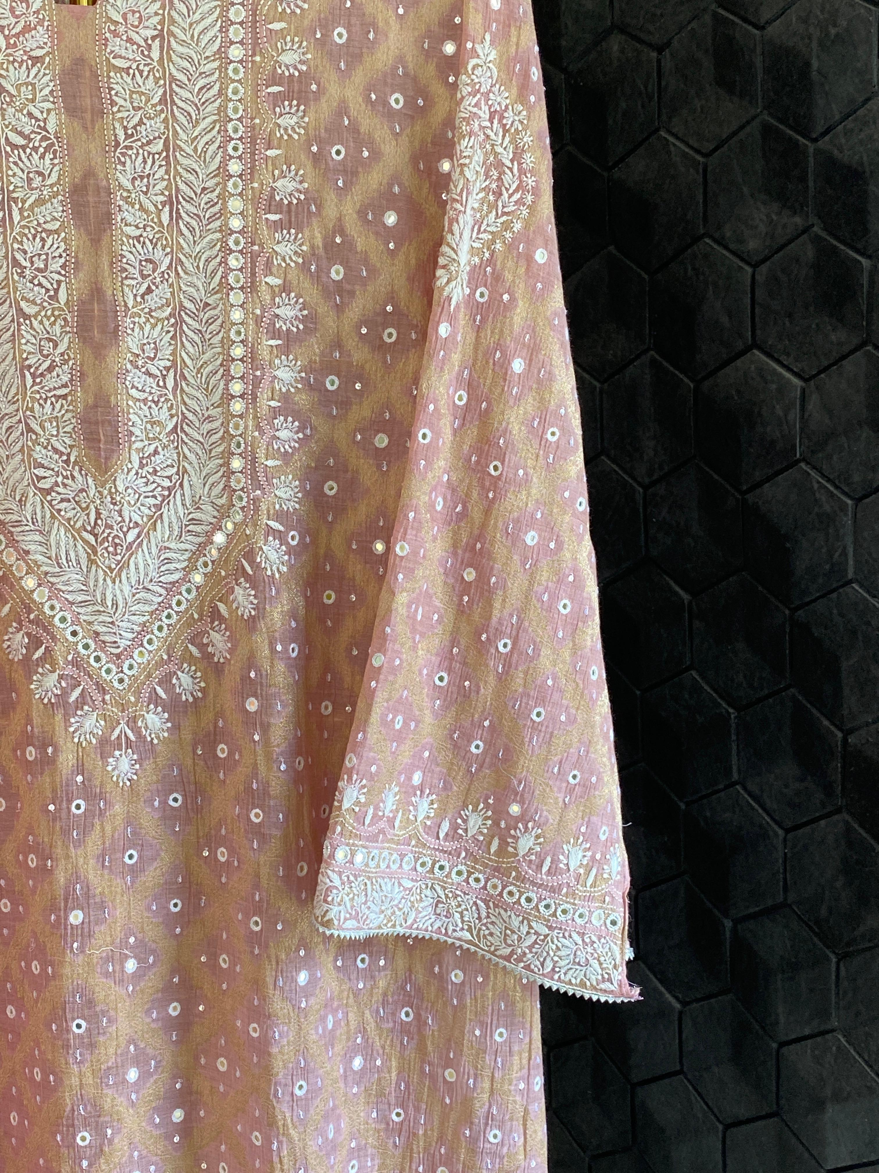 Pink Golden Tissue Chikankari Kurta Set