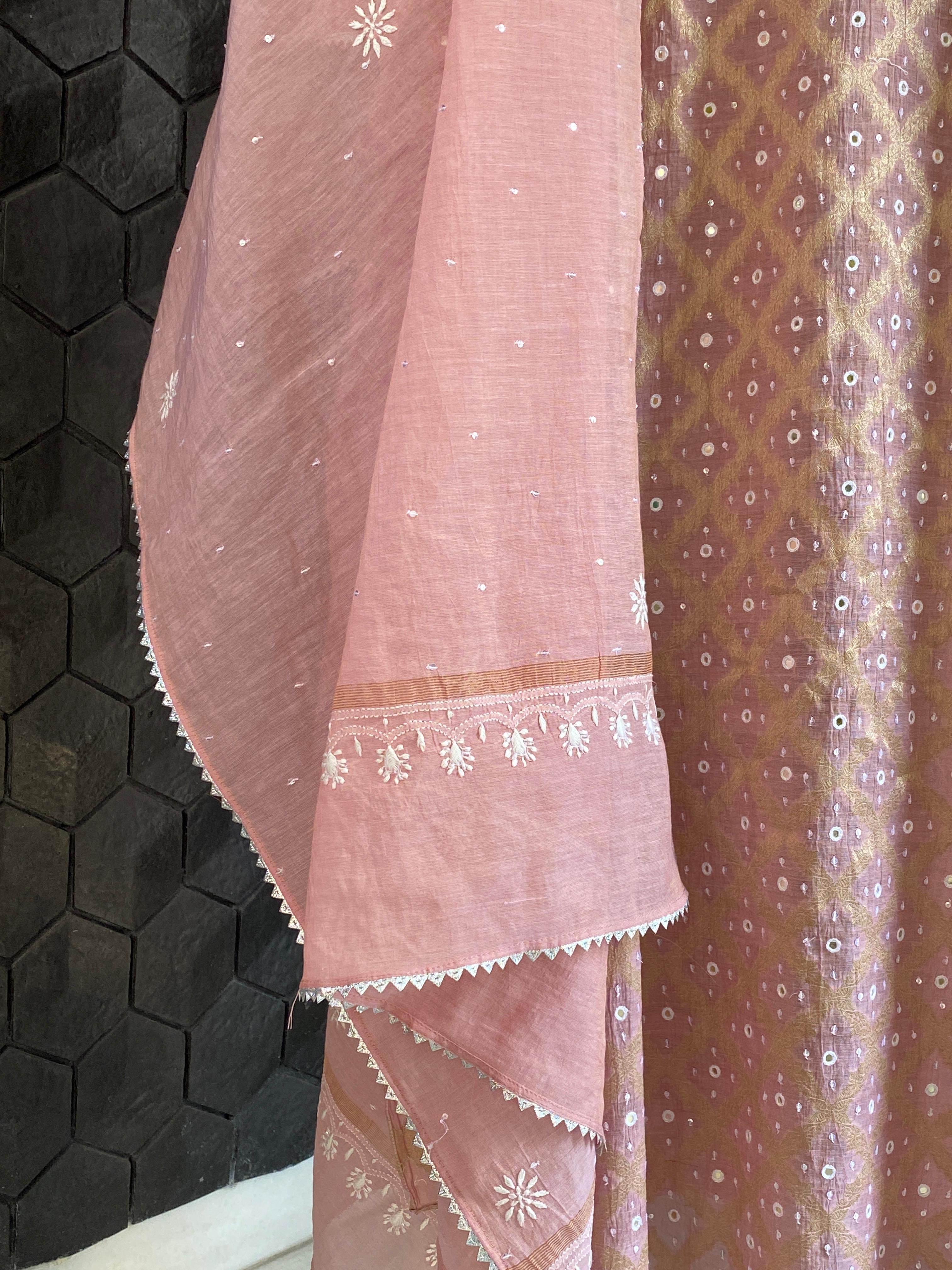 Pink Golden Tissue Chikankari Kurta Set