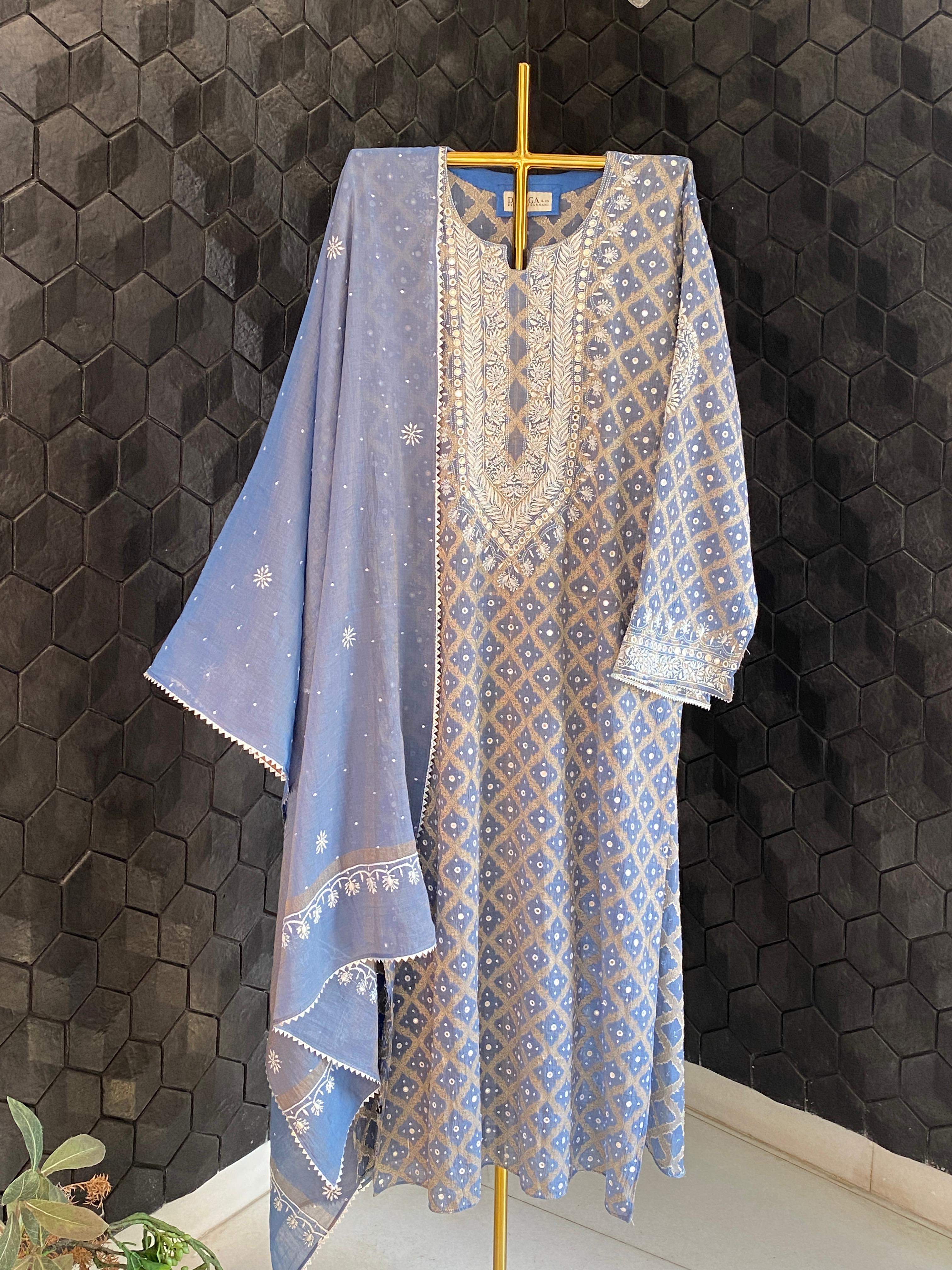 Purple golden tissue chikankari kurta set