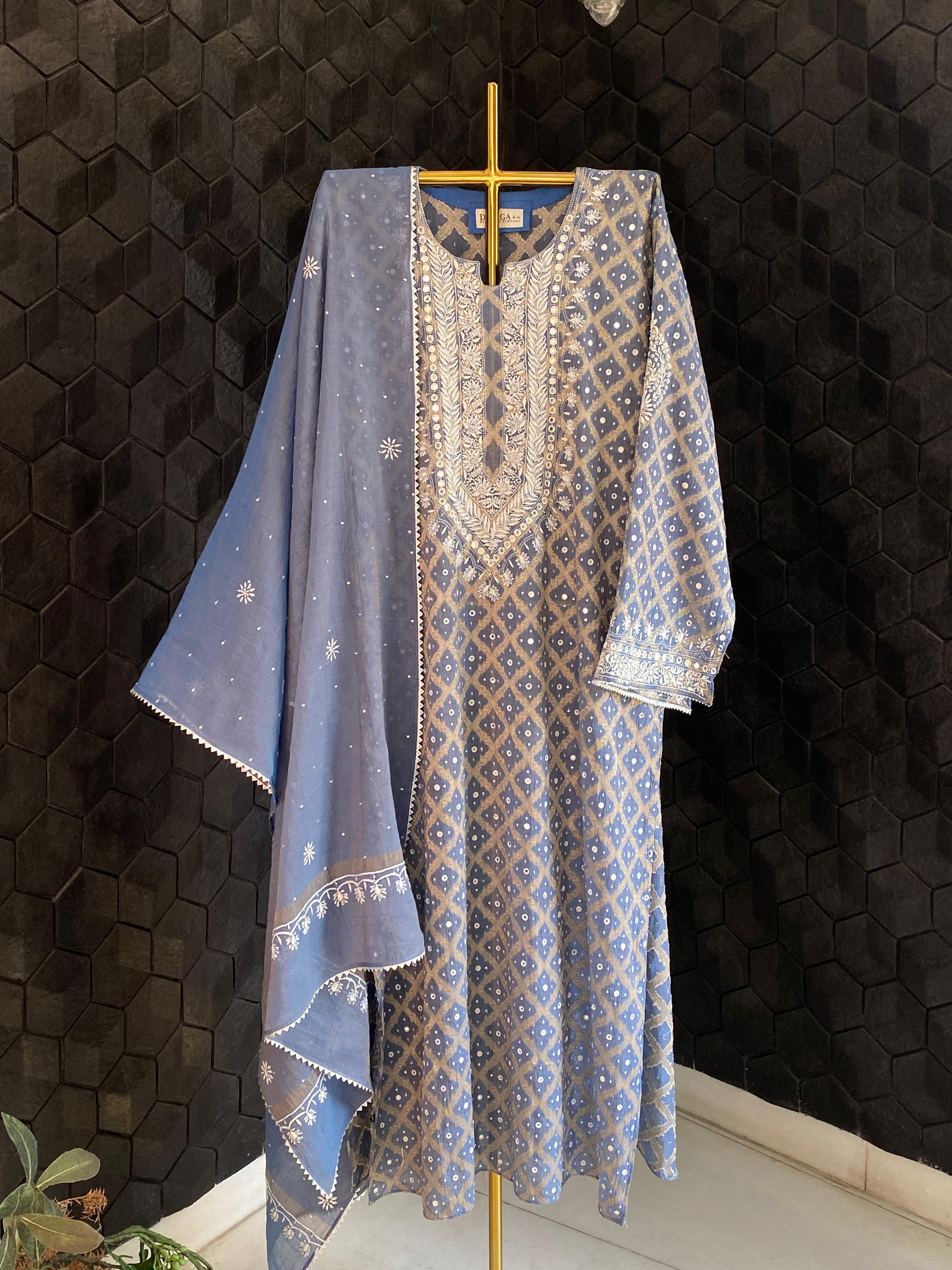 Purple golden tissue chikankari kurta set