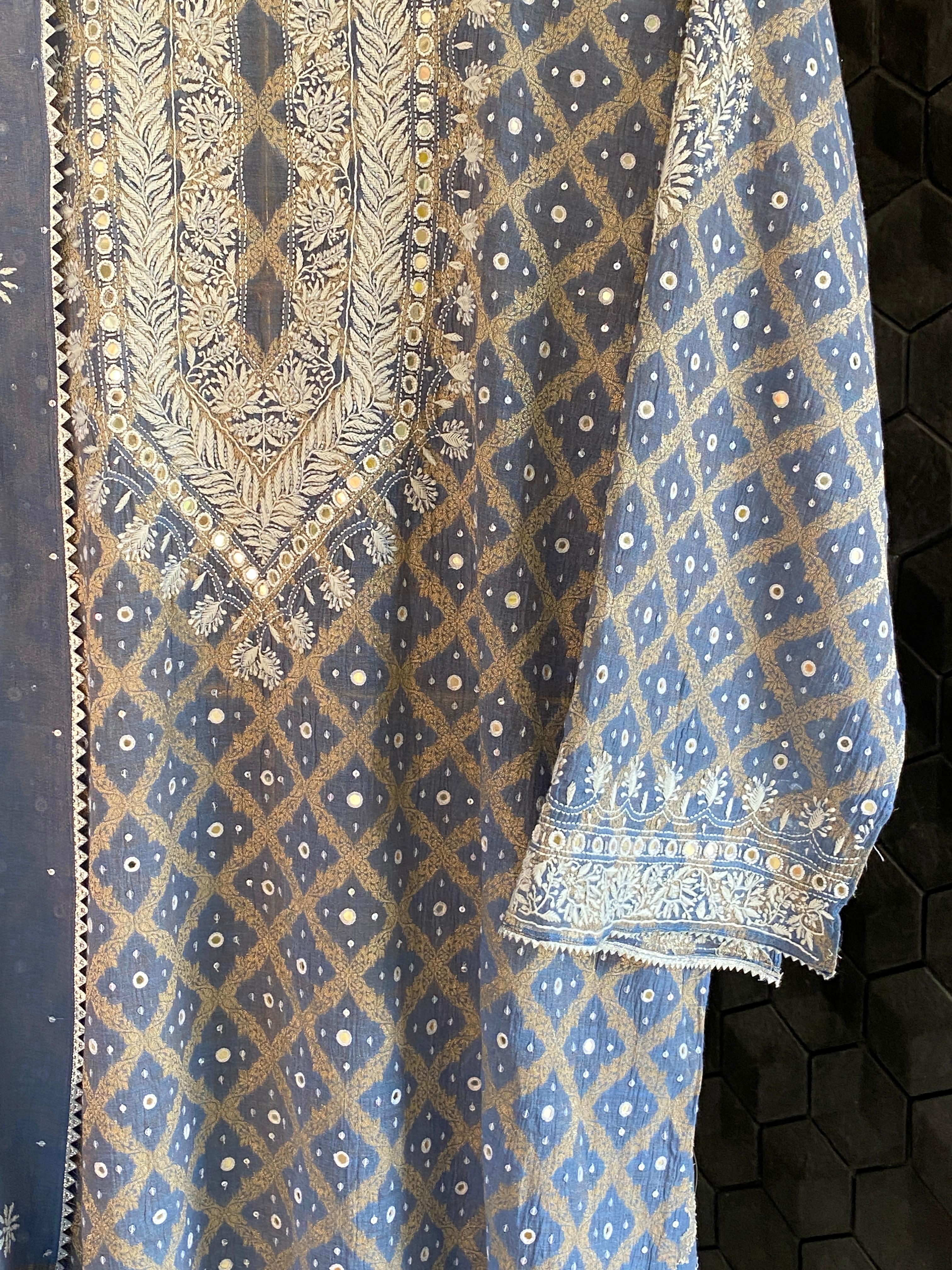 Purple golden tissue chikankari kurta set