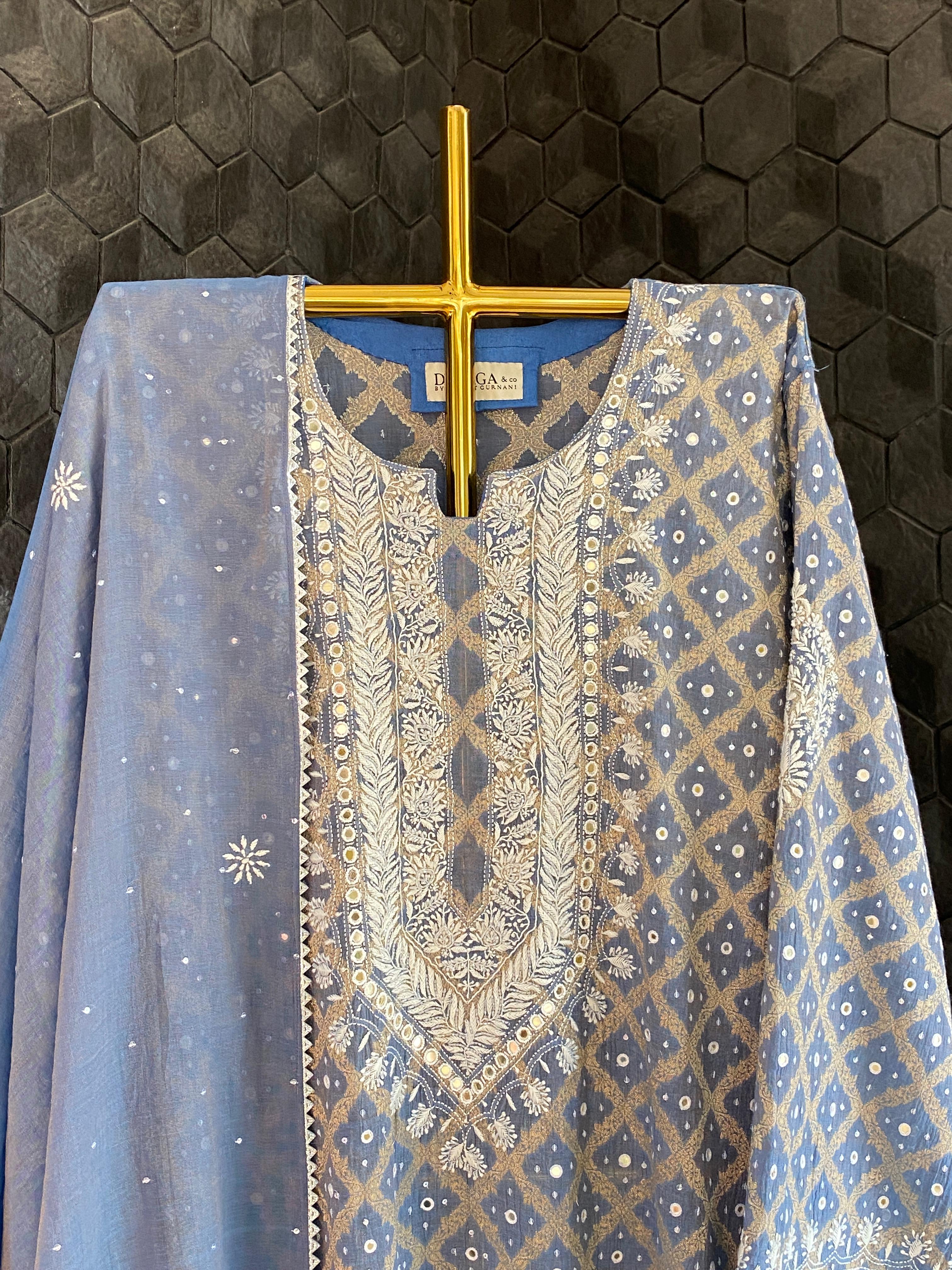 Purple golden tissue chikankari kurta set