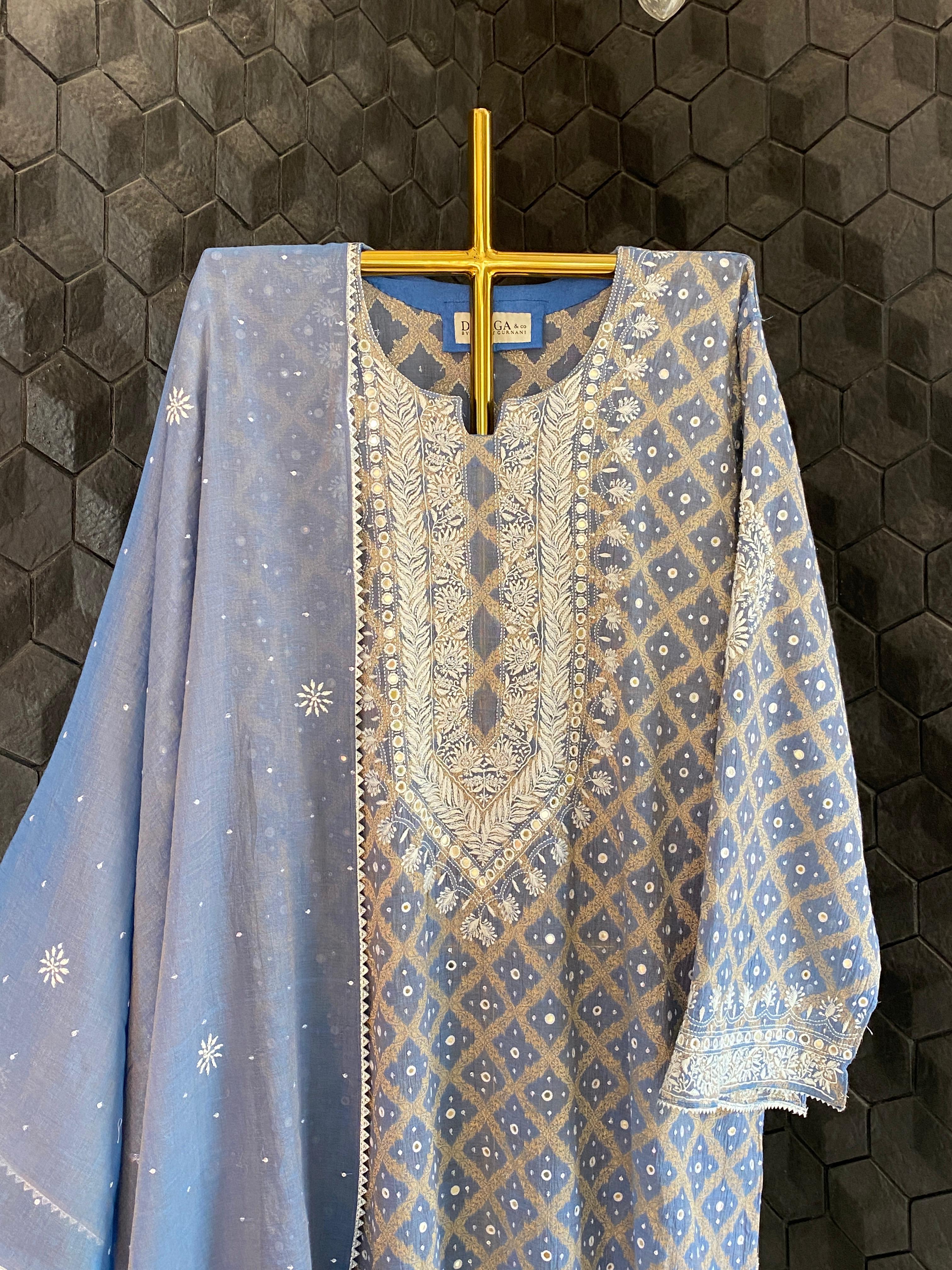 Purple golden tissue chikankari kurta set