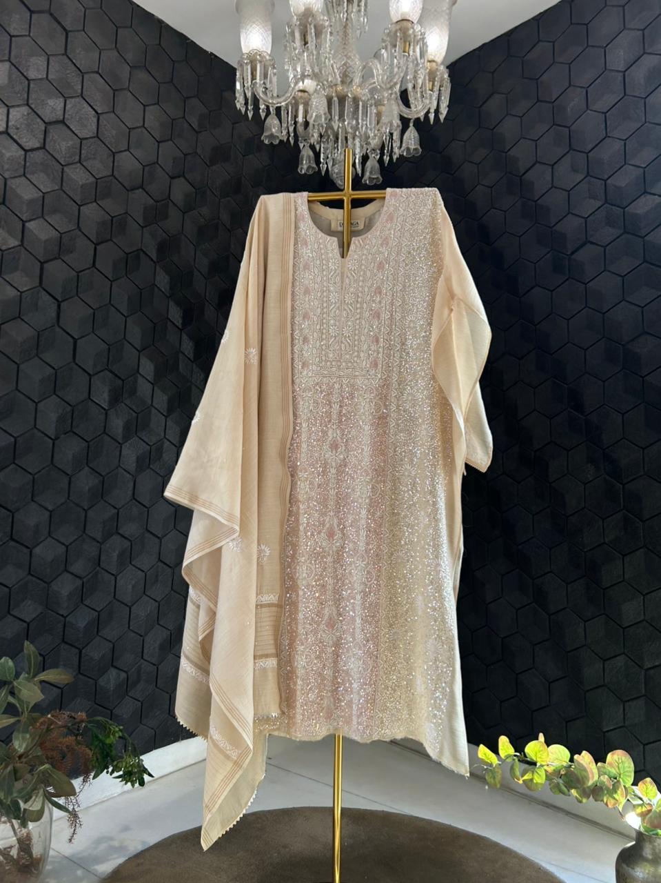 Beige Moonga silk chikankari kurta set