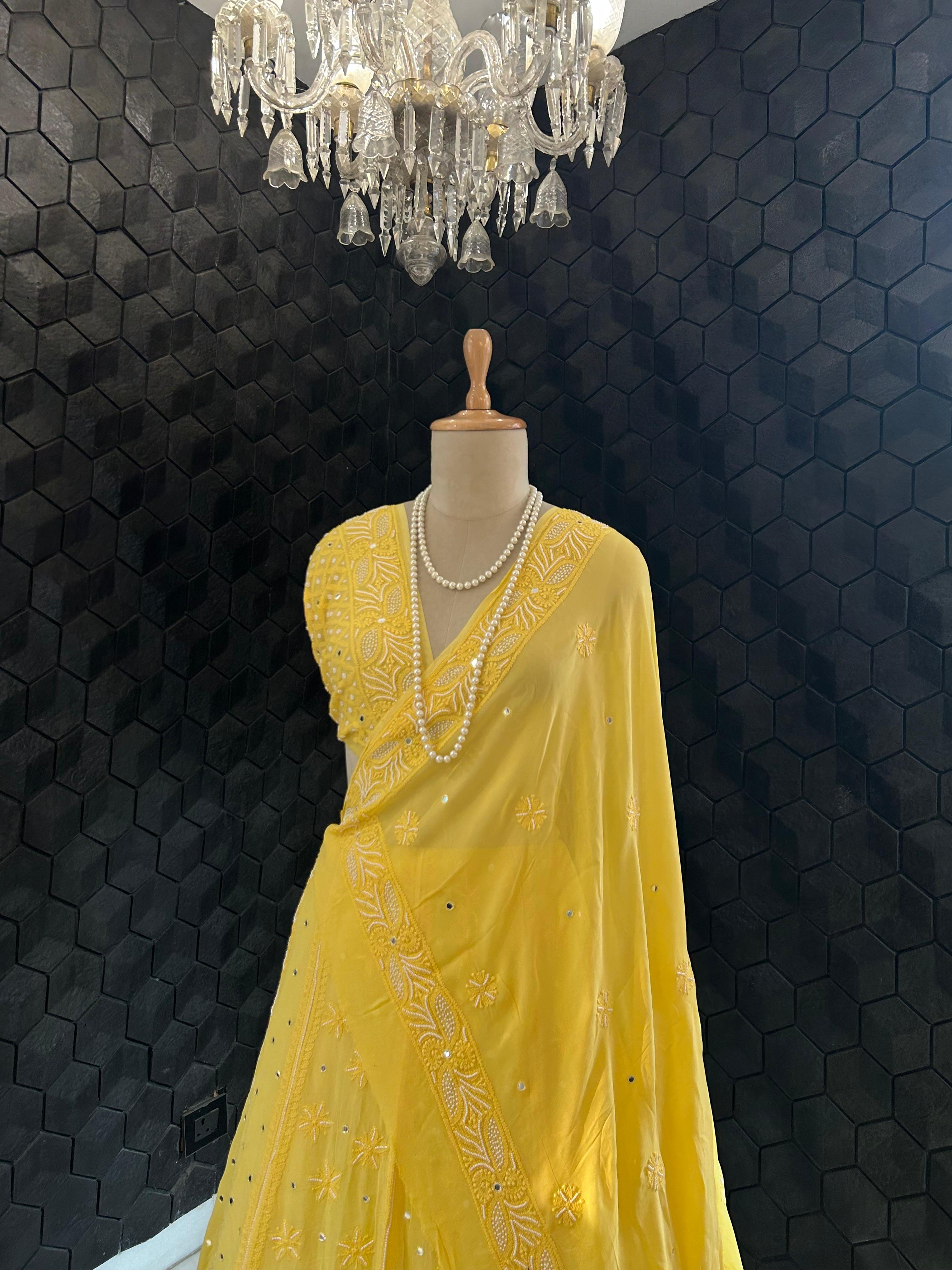 Yellow Viscose Chikankari Lehenga  Set
