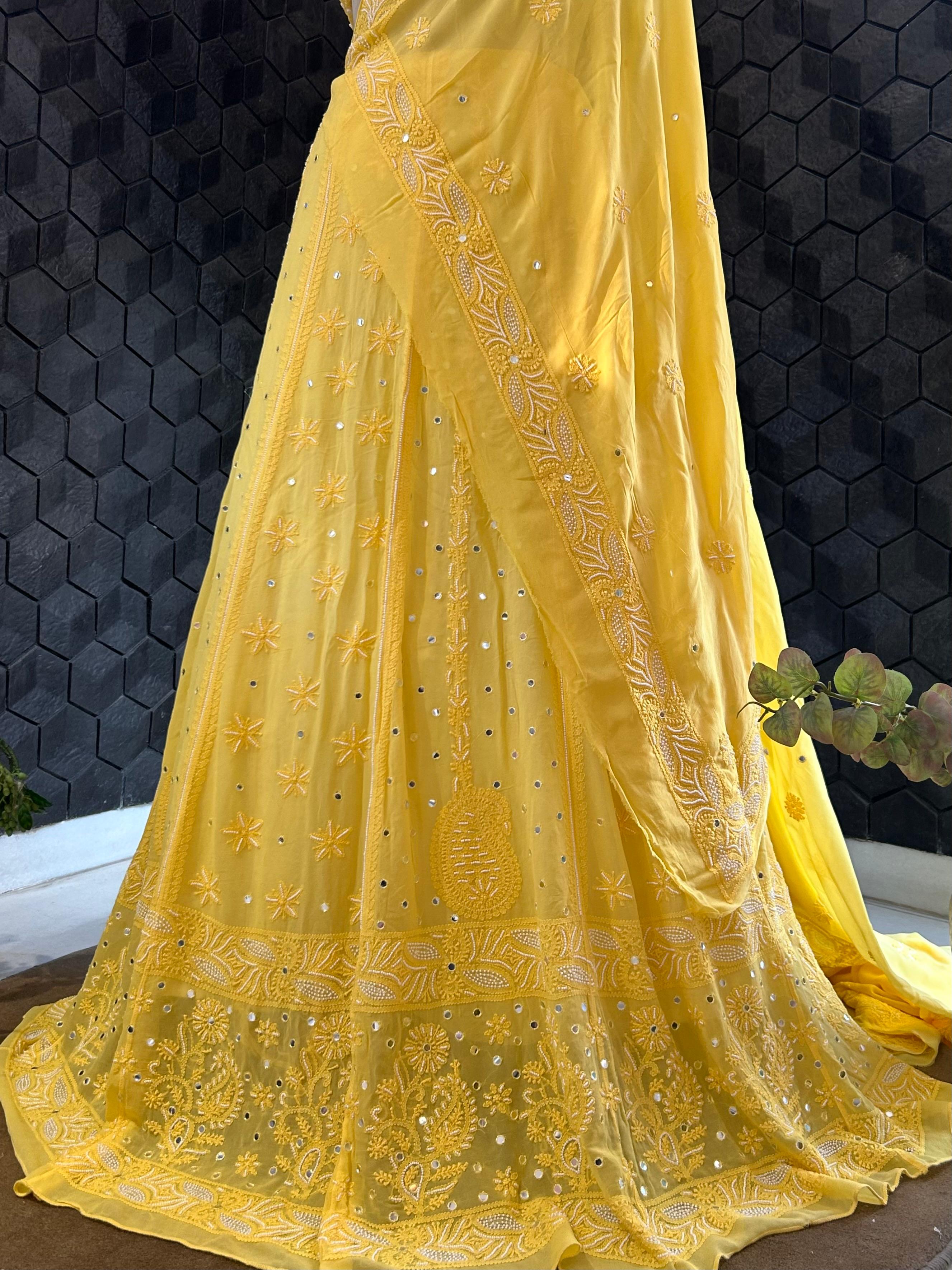 Yellow Viscose Chikankari Lehenga  Set