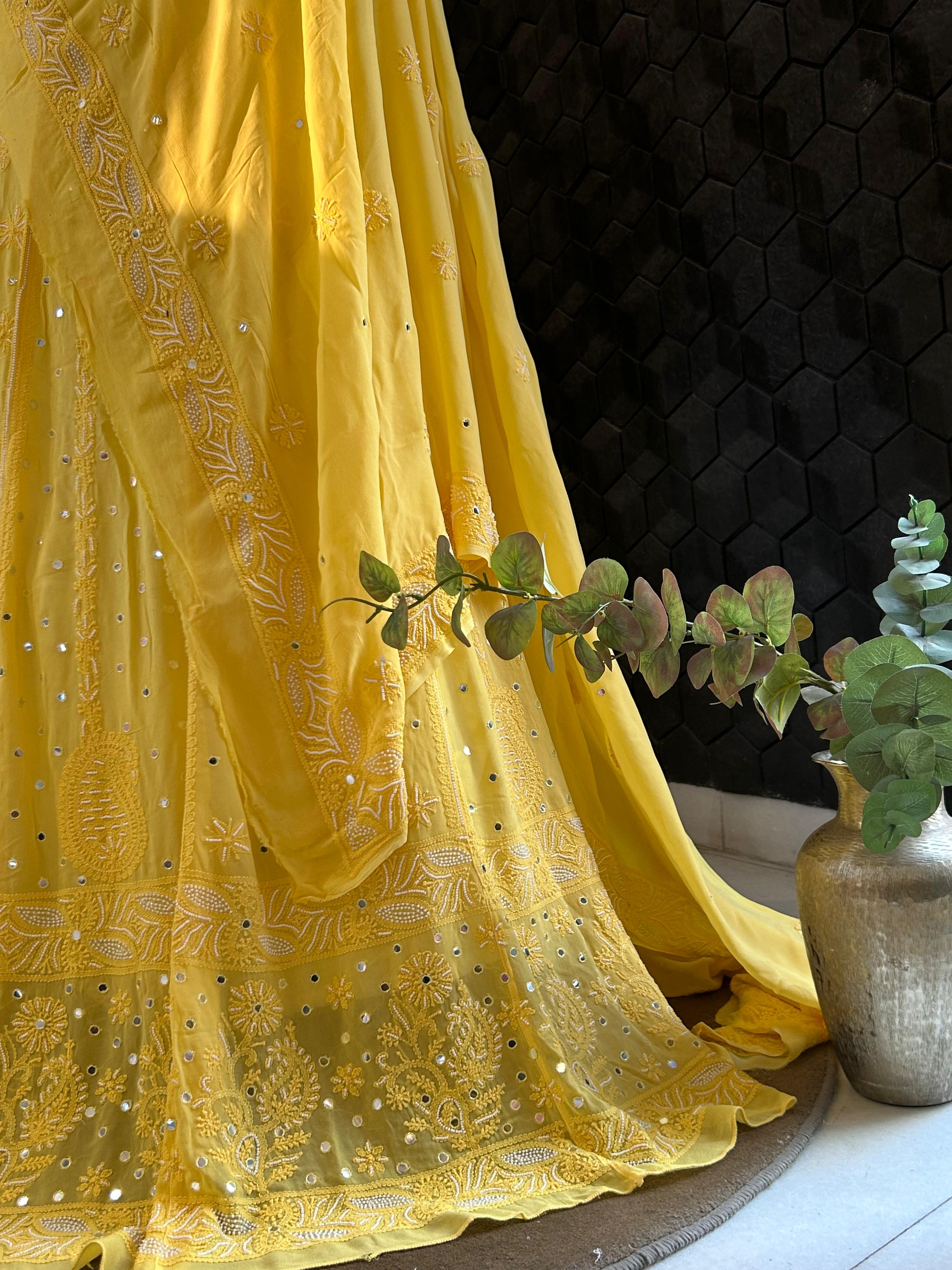 Yellow Viscose Chikankari Lehenga  Set