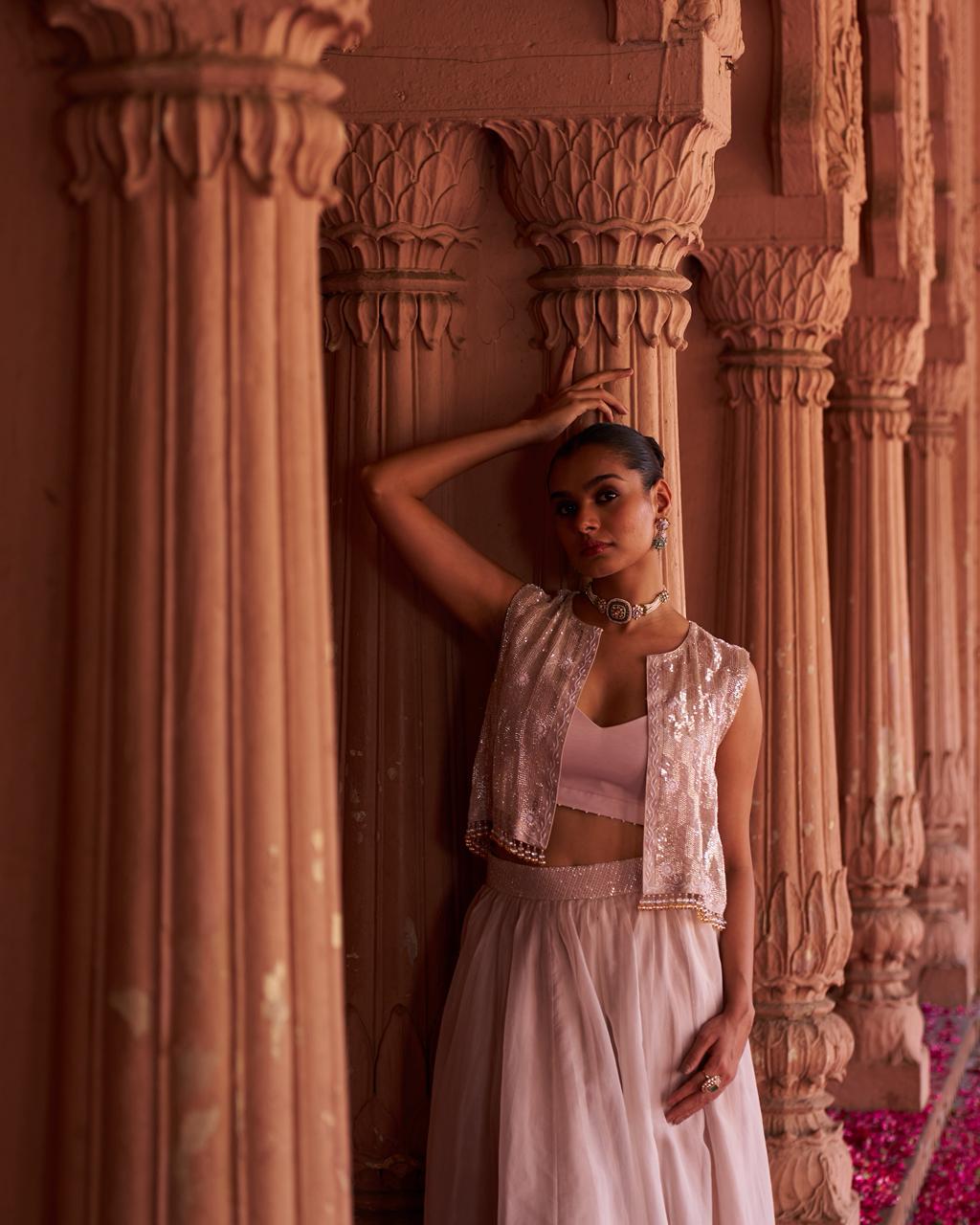 Champagne Organza Chikankari Cropped Skirt Set