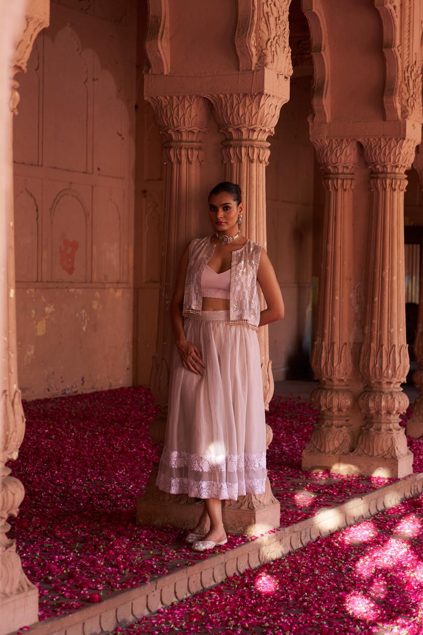 Champagne Organza Chikankari Cropped Skirt Set