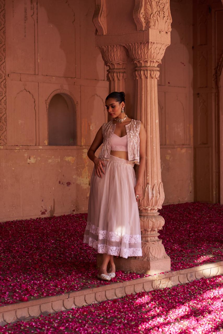 Champagne Organza Chikankari Cropped Skirt Set