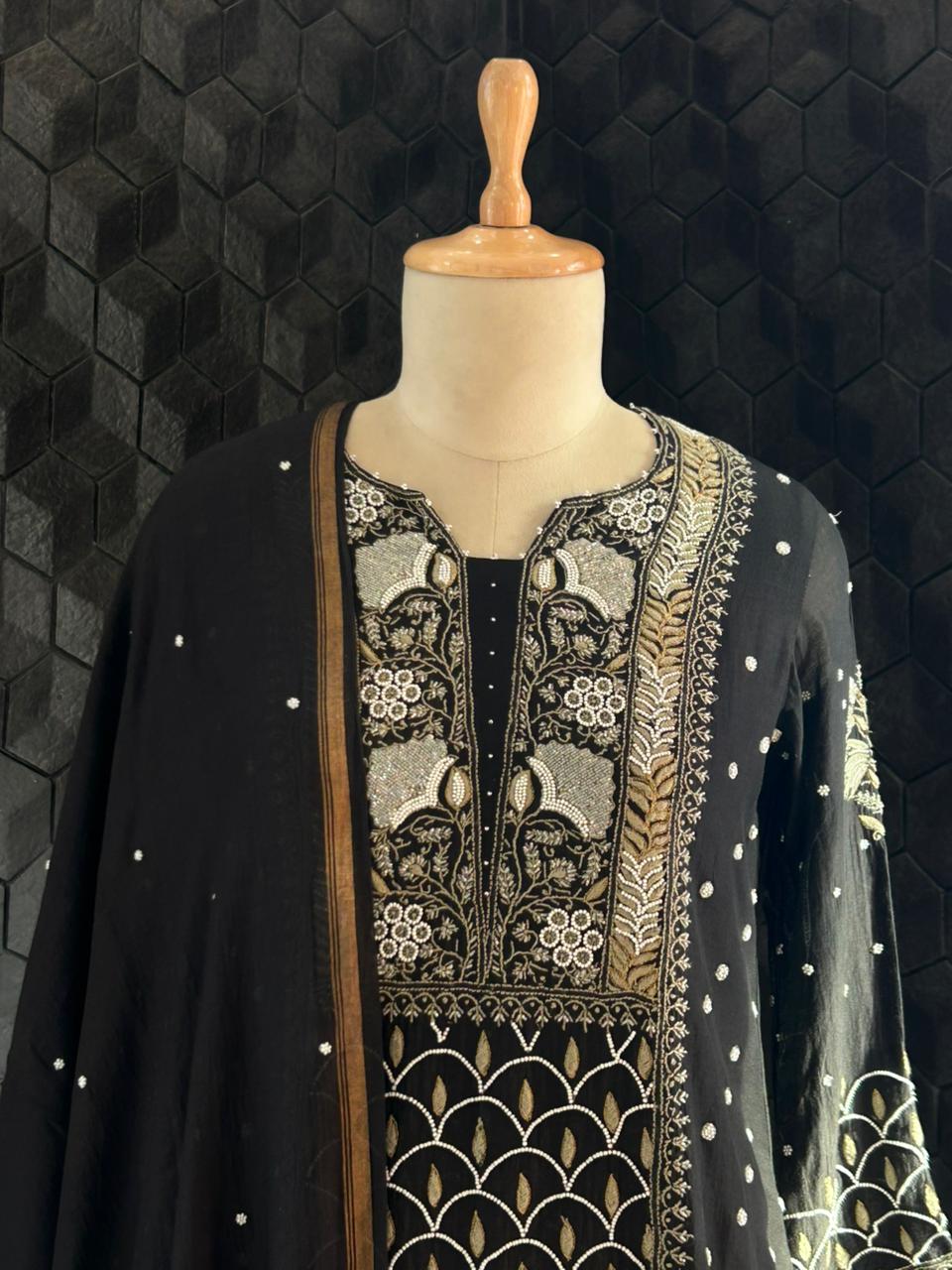 Black Mul Chanderi Chikankari Suit Set