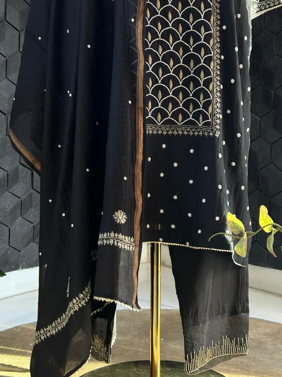 Black Mul Chanderi Chikankari Suit Set