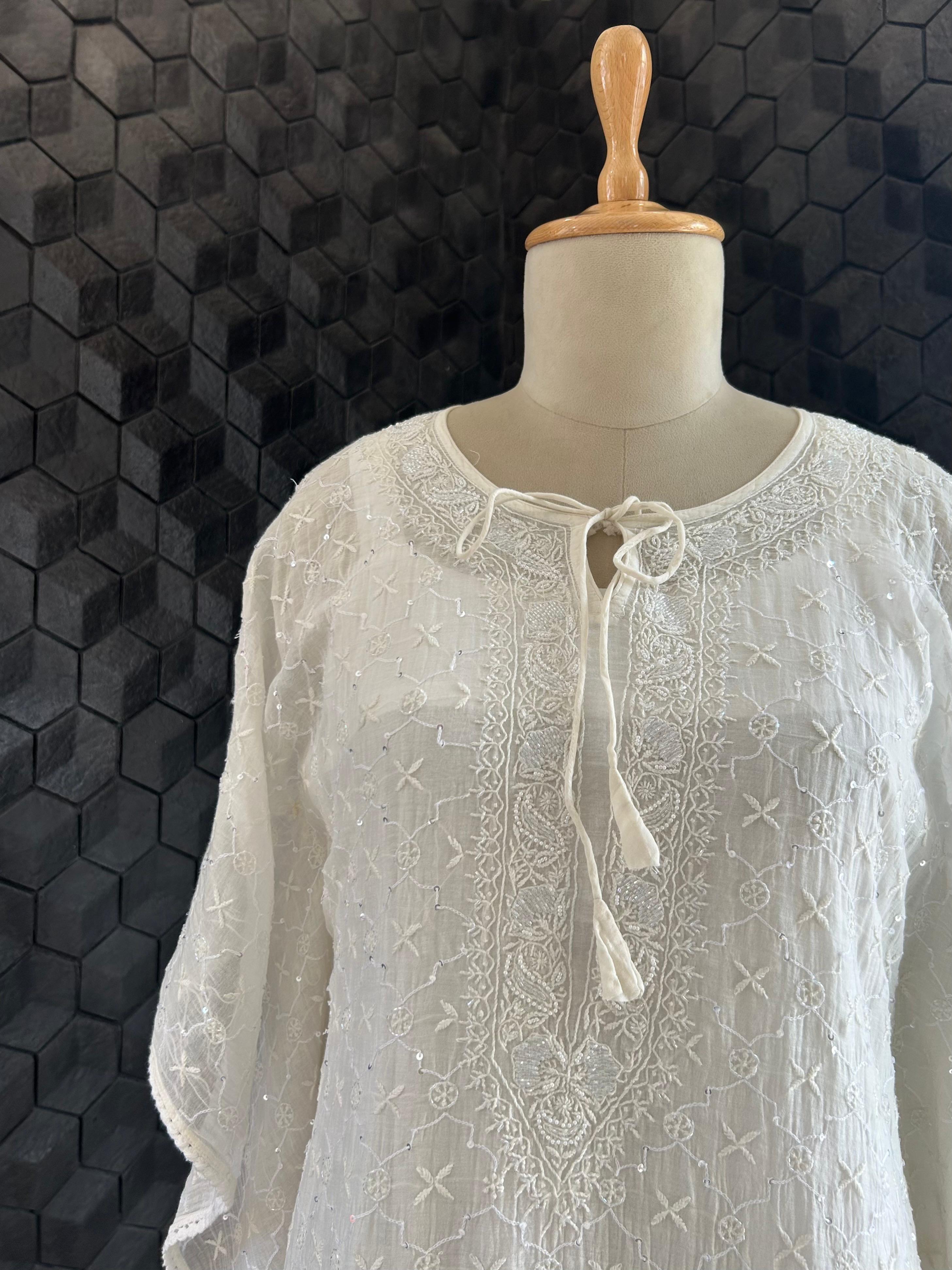 White Mul Chanderi Chikankari Kaftan
