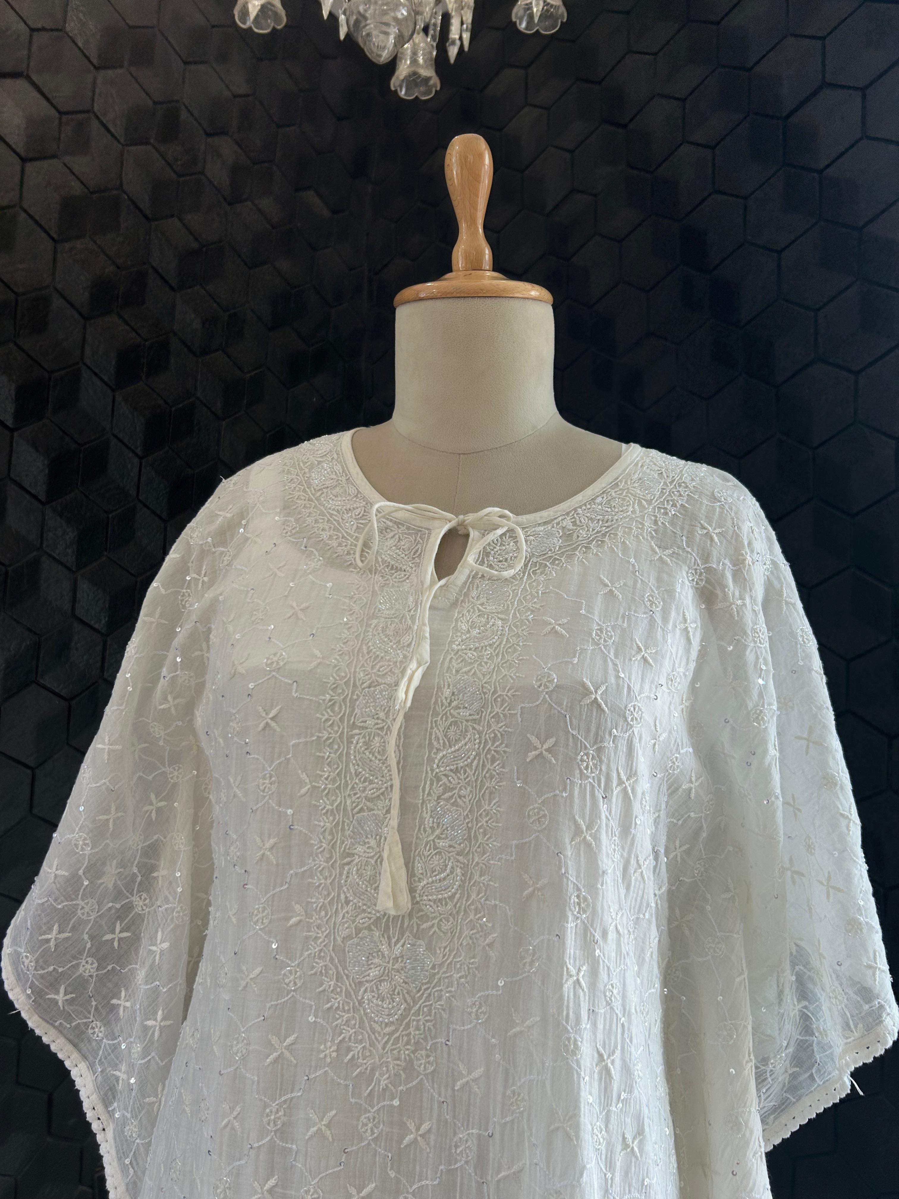 White Mul Chanderi Chikankari Kaftan