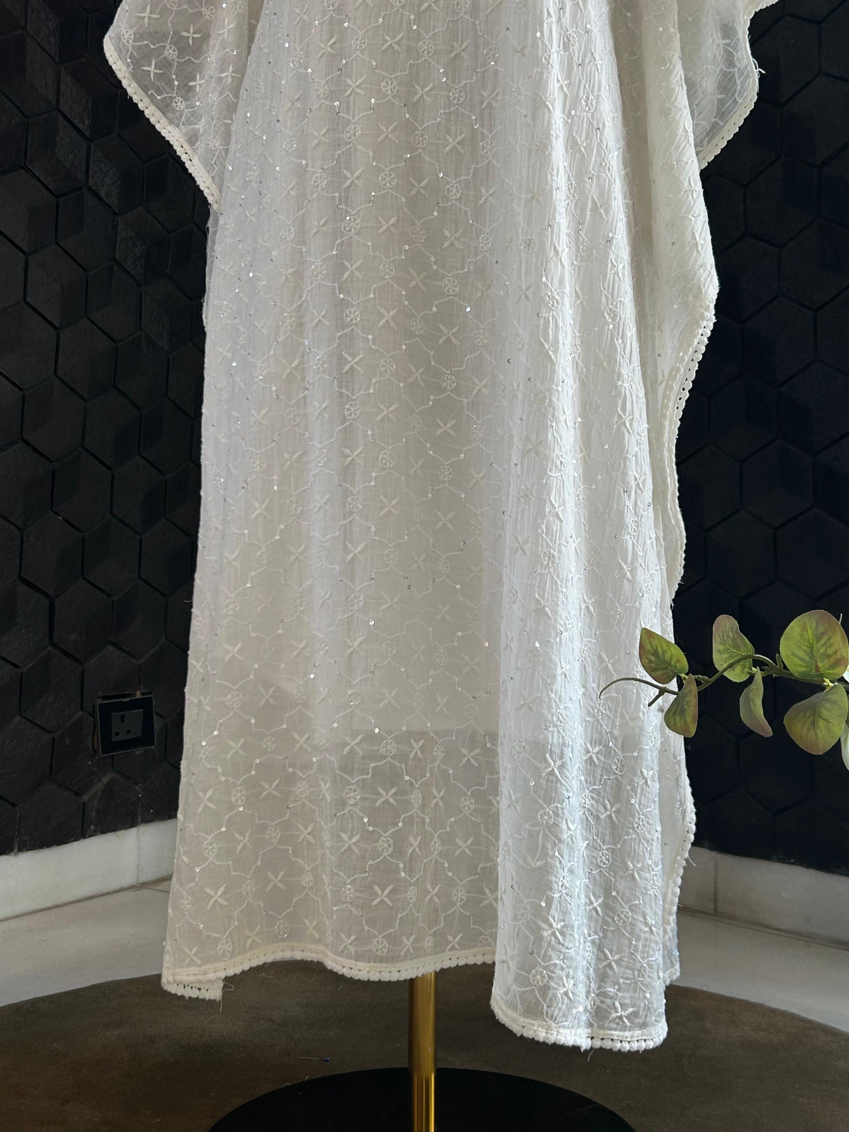 White Mul Chanderi Chikankari Kaftan
