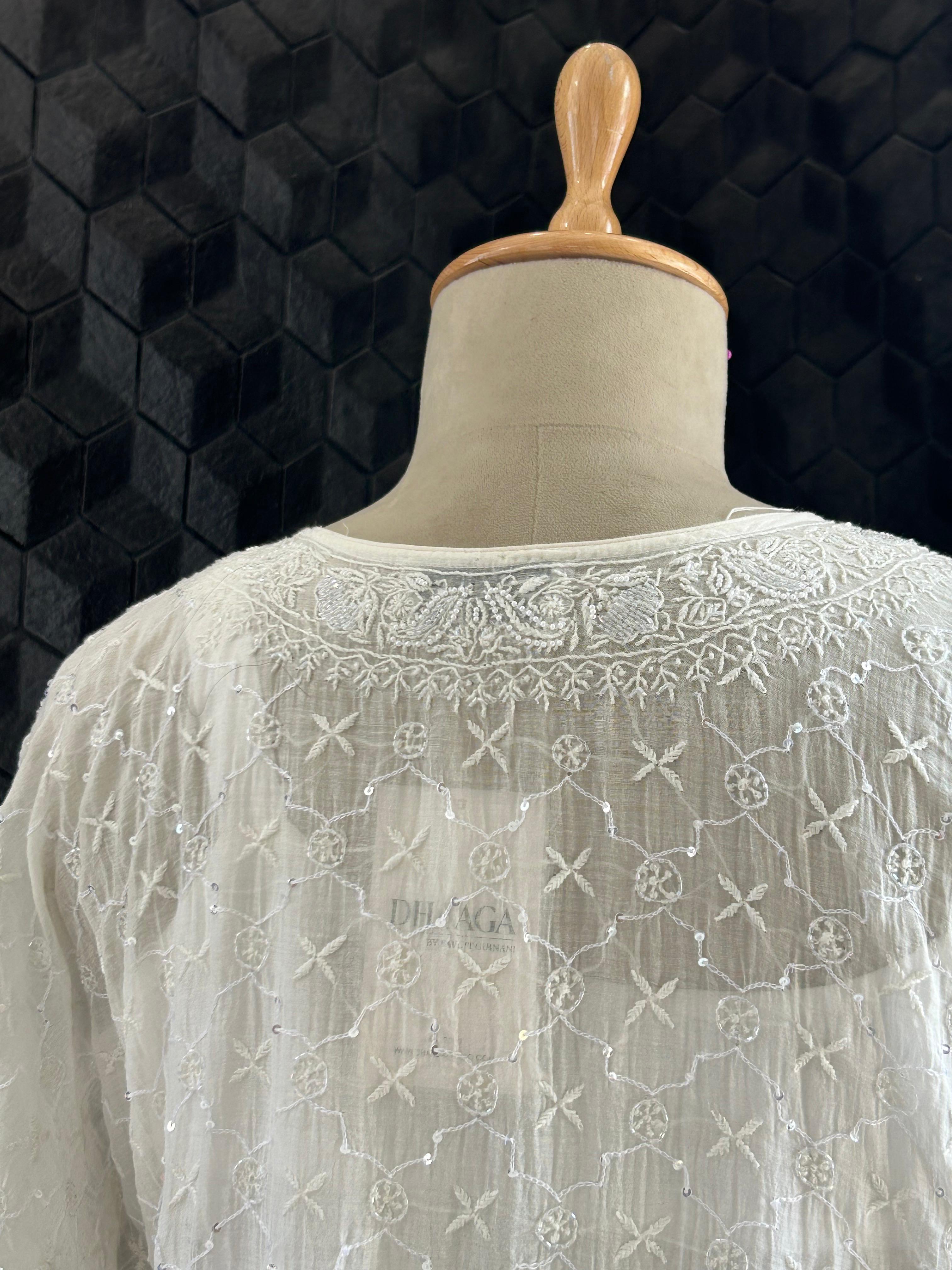White Mul Chanderi Chikankari Kaftan