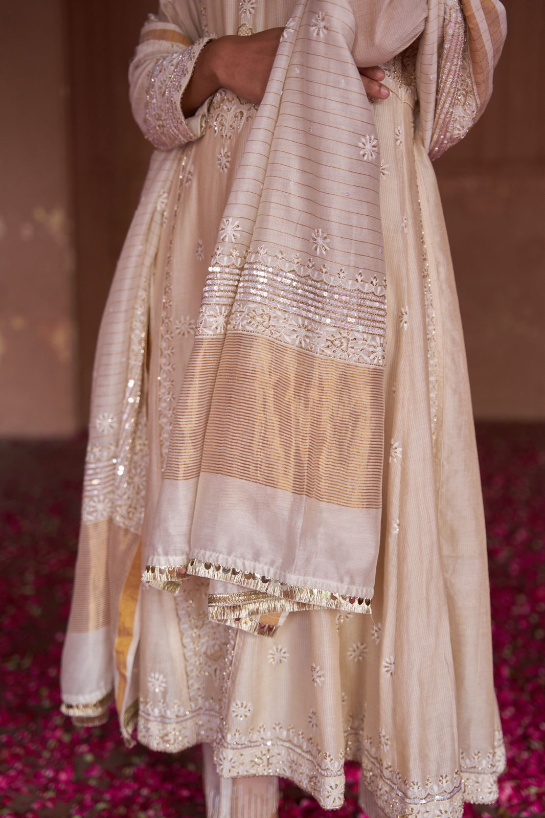 White Maheshwari Chanderi Chikankari Anarkali Set
