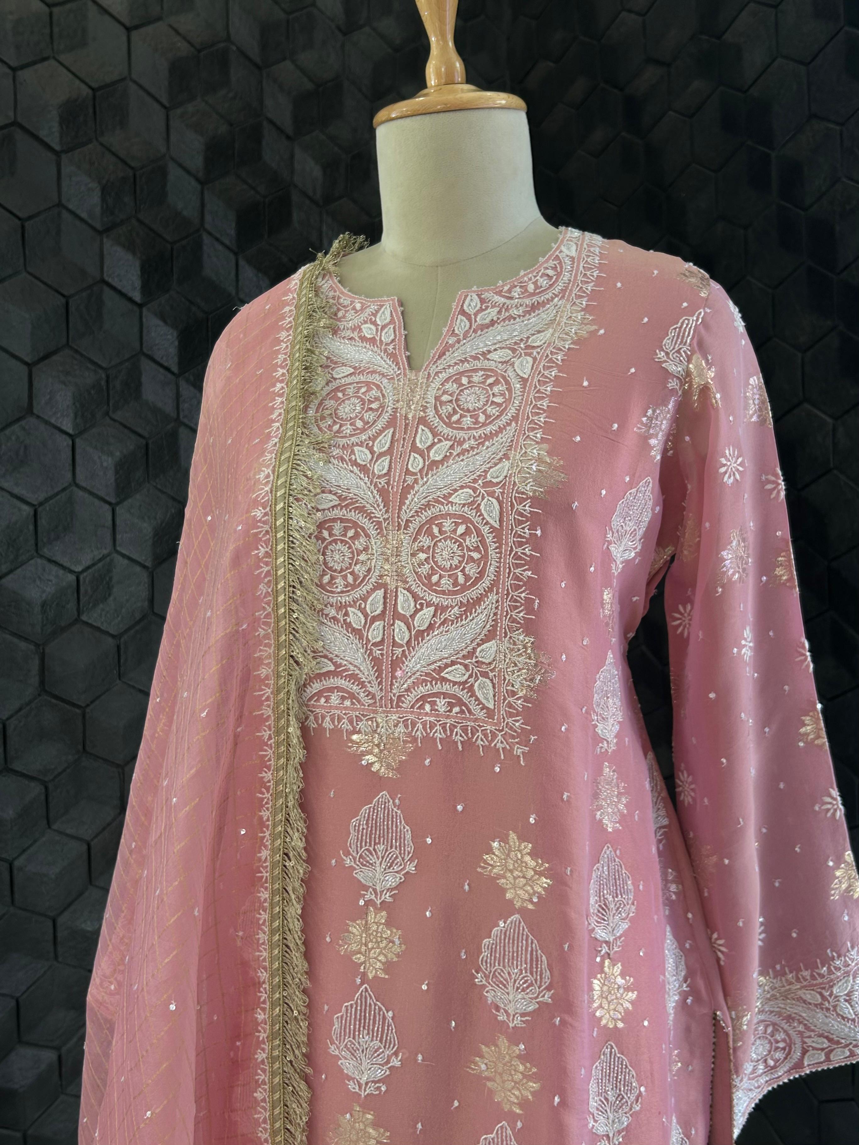 Pink Shimmer Organza Chikankari Suit Set
