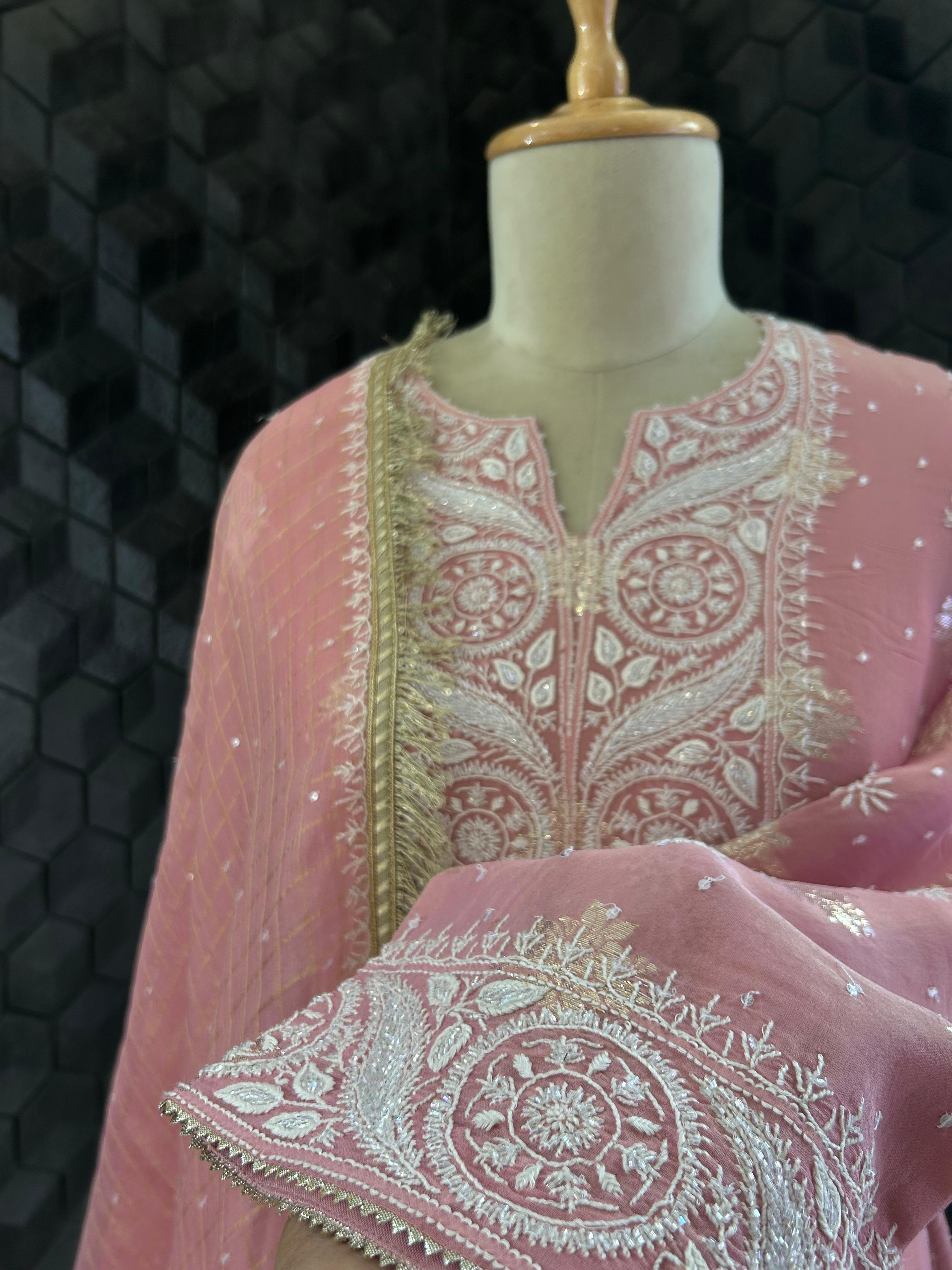 Pink Shimmer Organza Chikankari Suit Set