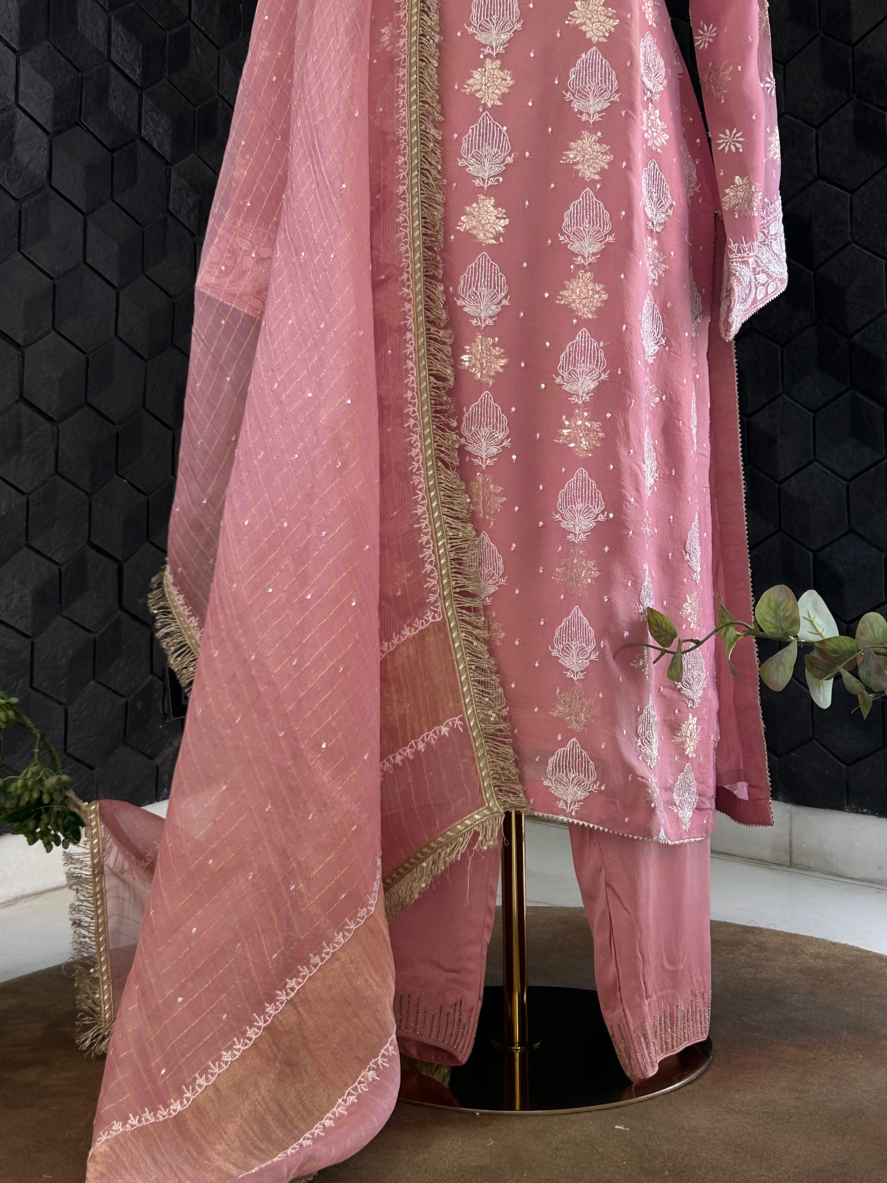Pink Shimmer Organza Chikankari Suit Set