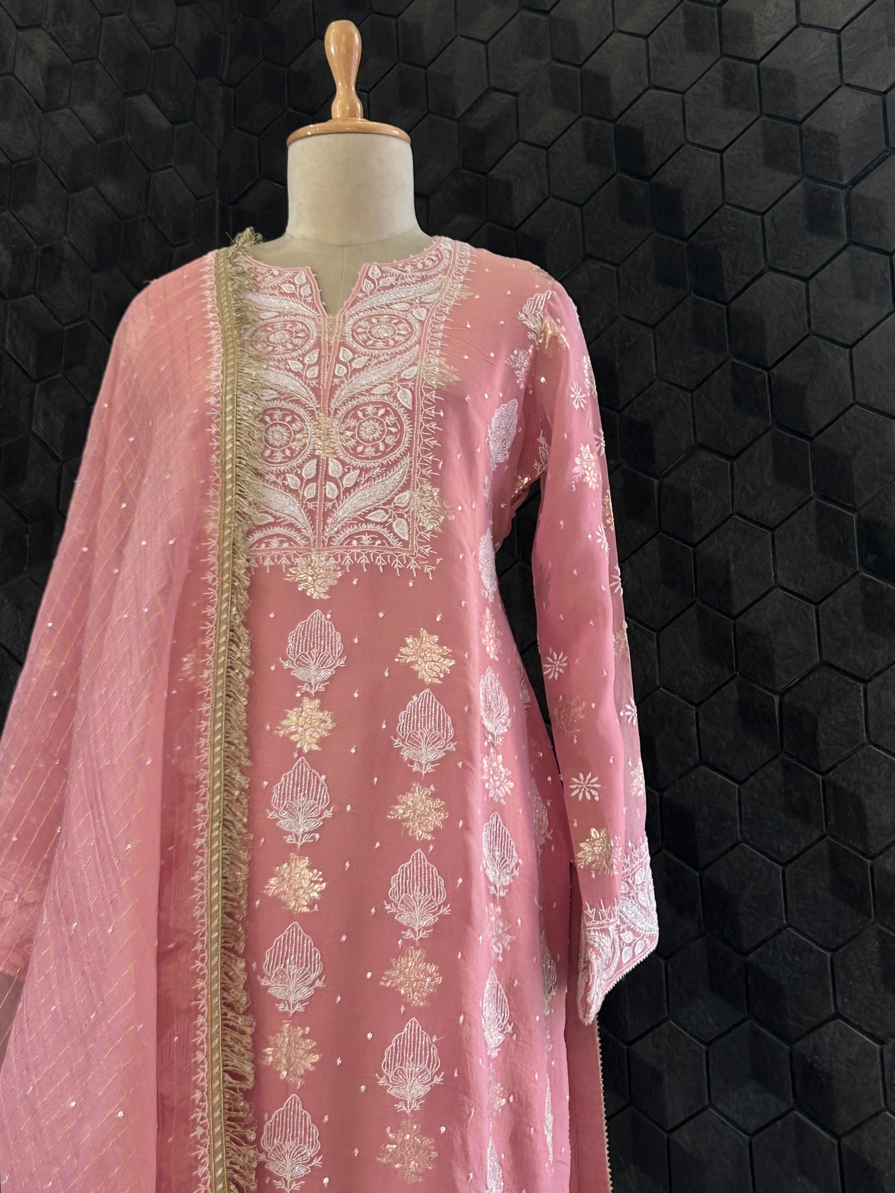 Pink Shimmer Organza Chikankari Suit Set