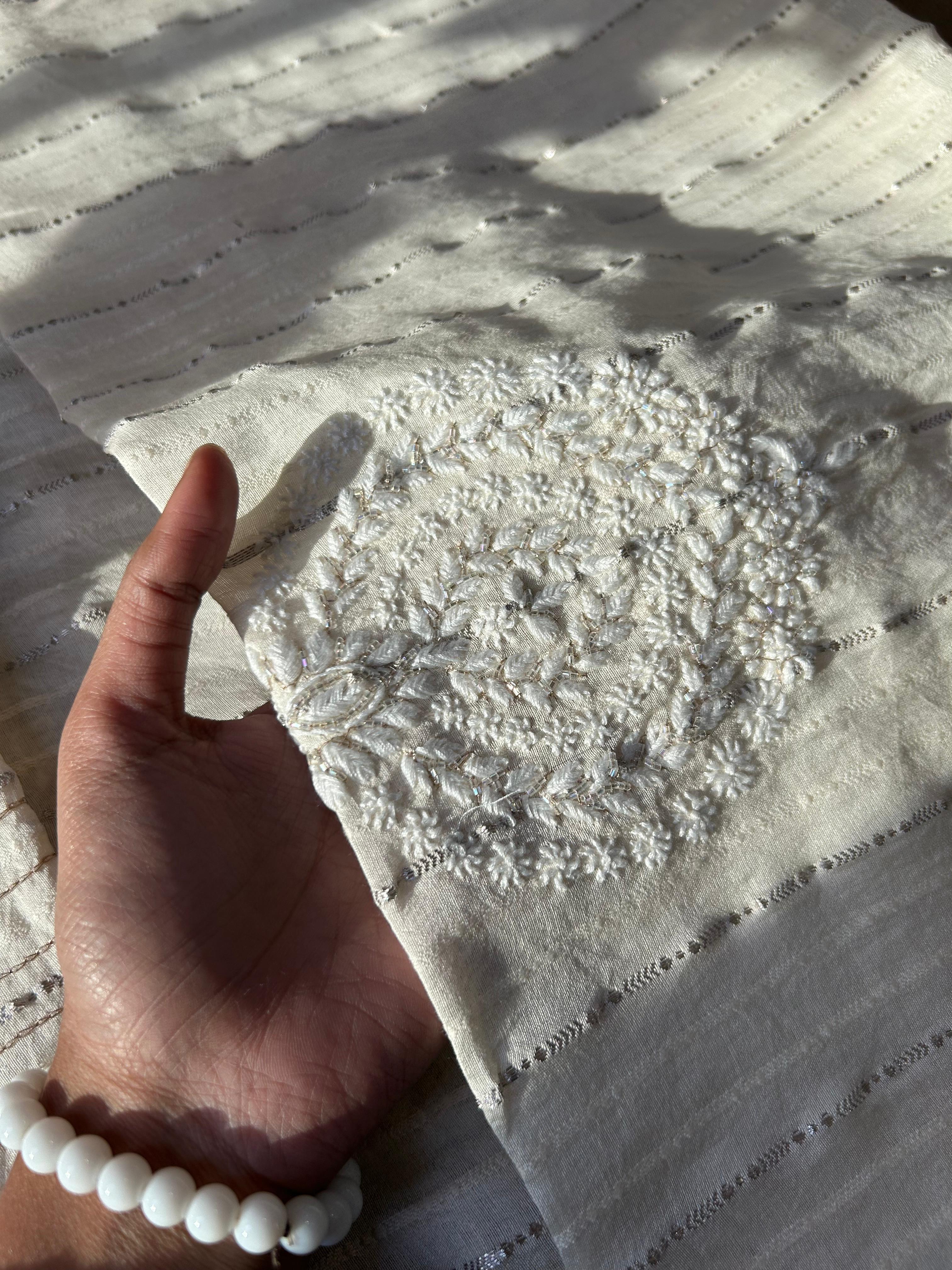 Beige  Chanderi  Chikankari Striped Mens Kurta