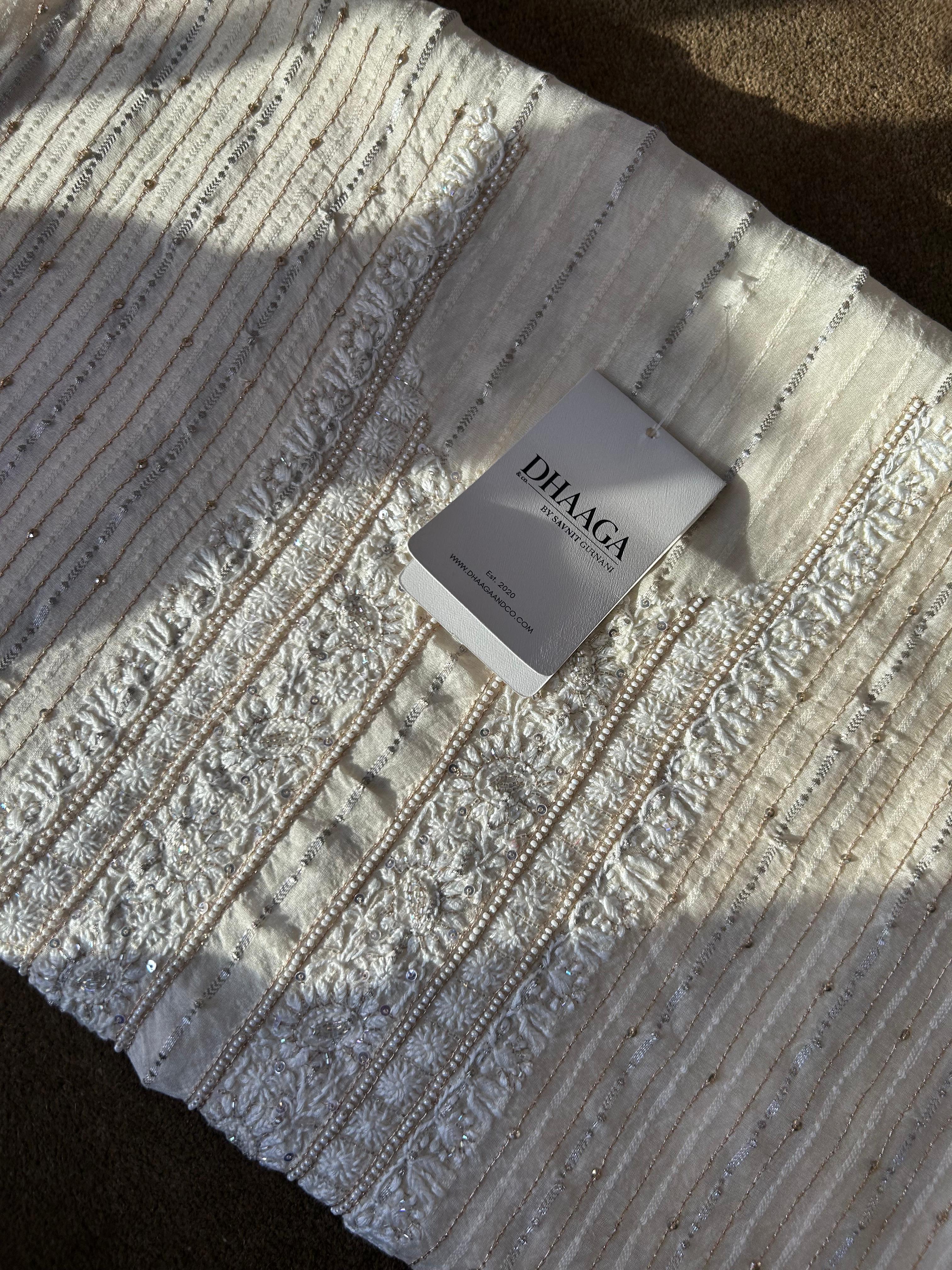 Beige  Chanderi  Chikankari Striped Mens Kurta