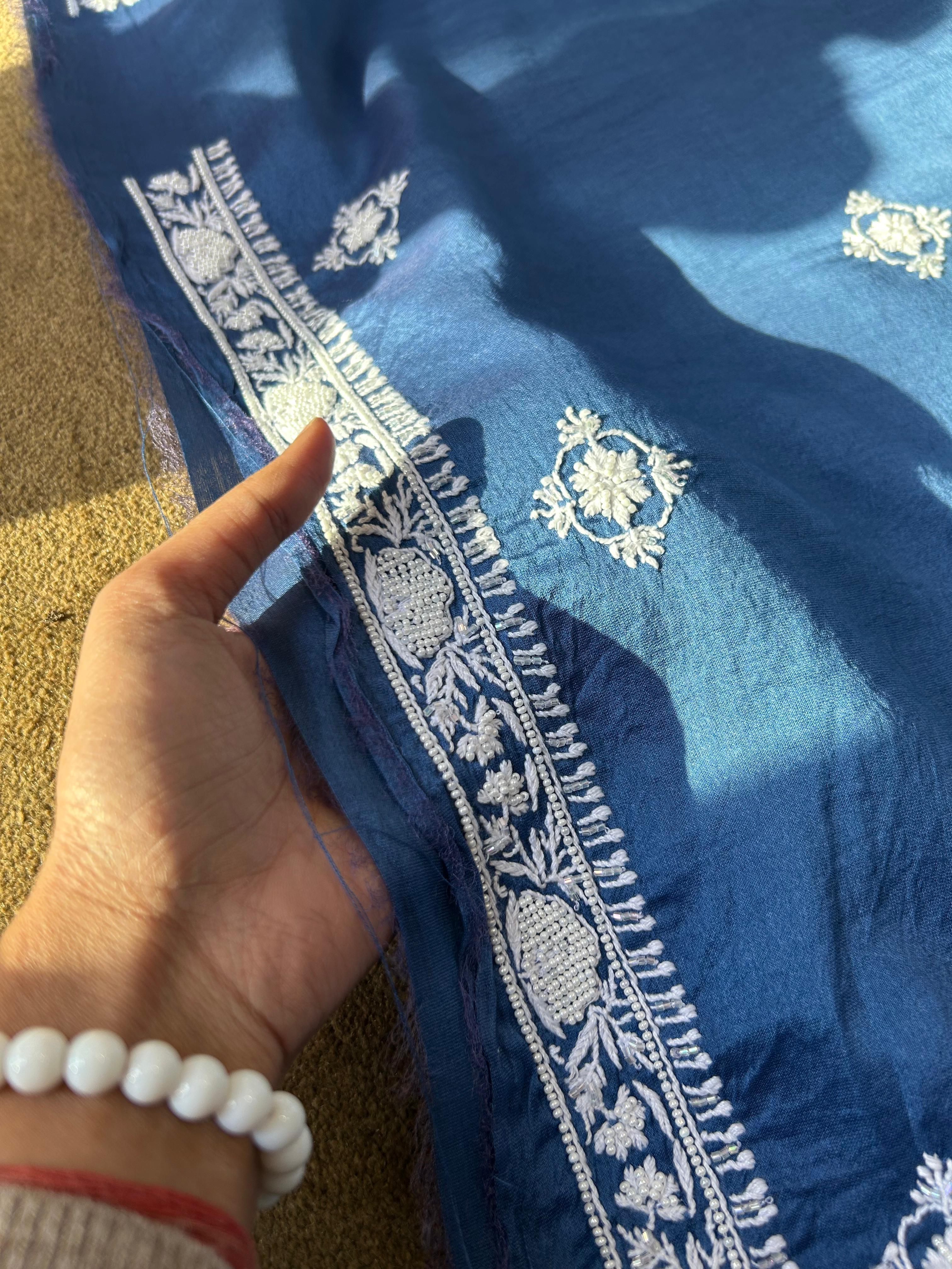 Blue Chanderi Chikankari Mens kurta