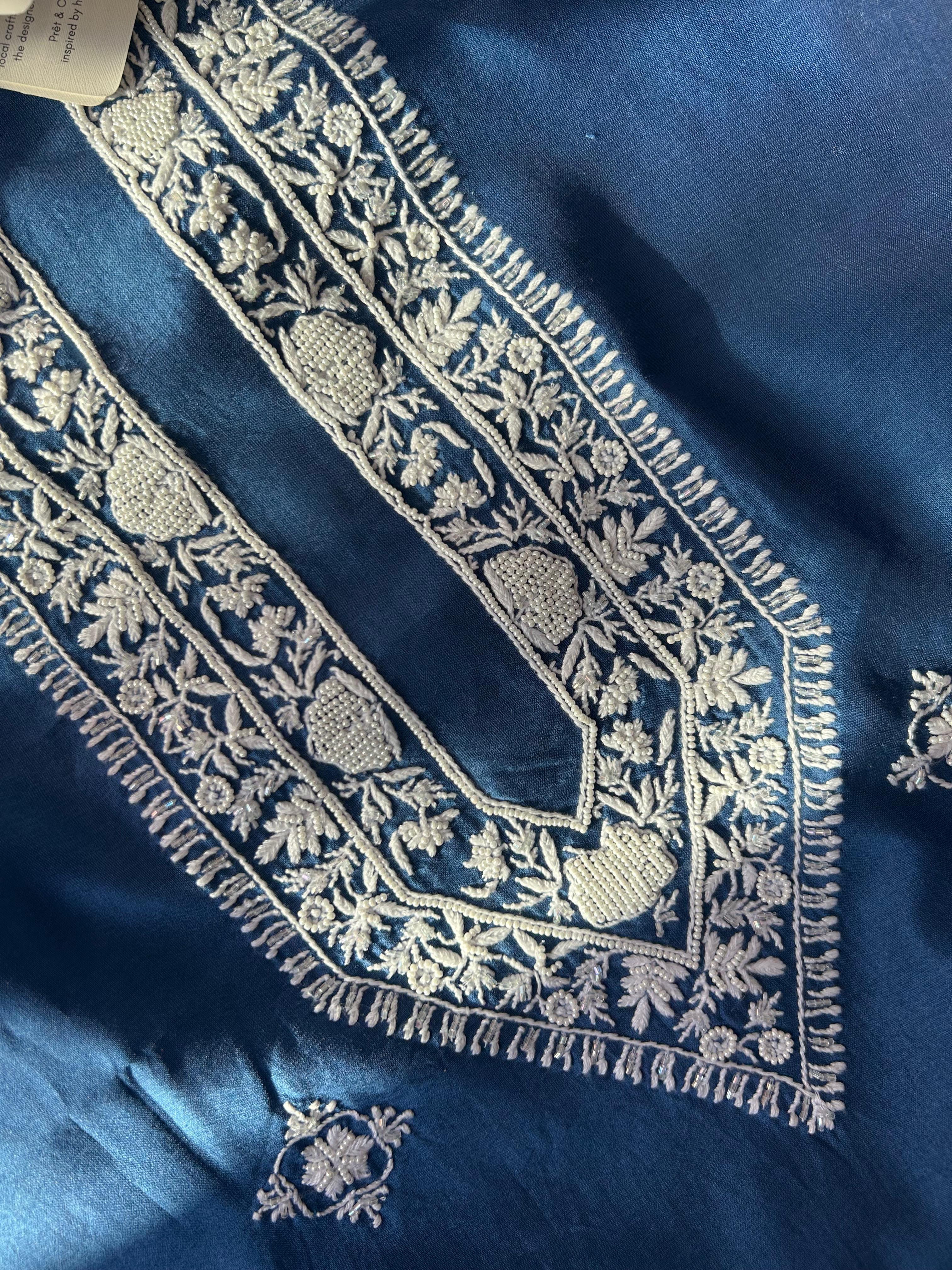 Blue Chanderi Chikankari Mens kurta