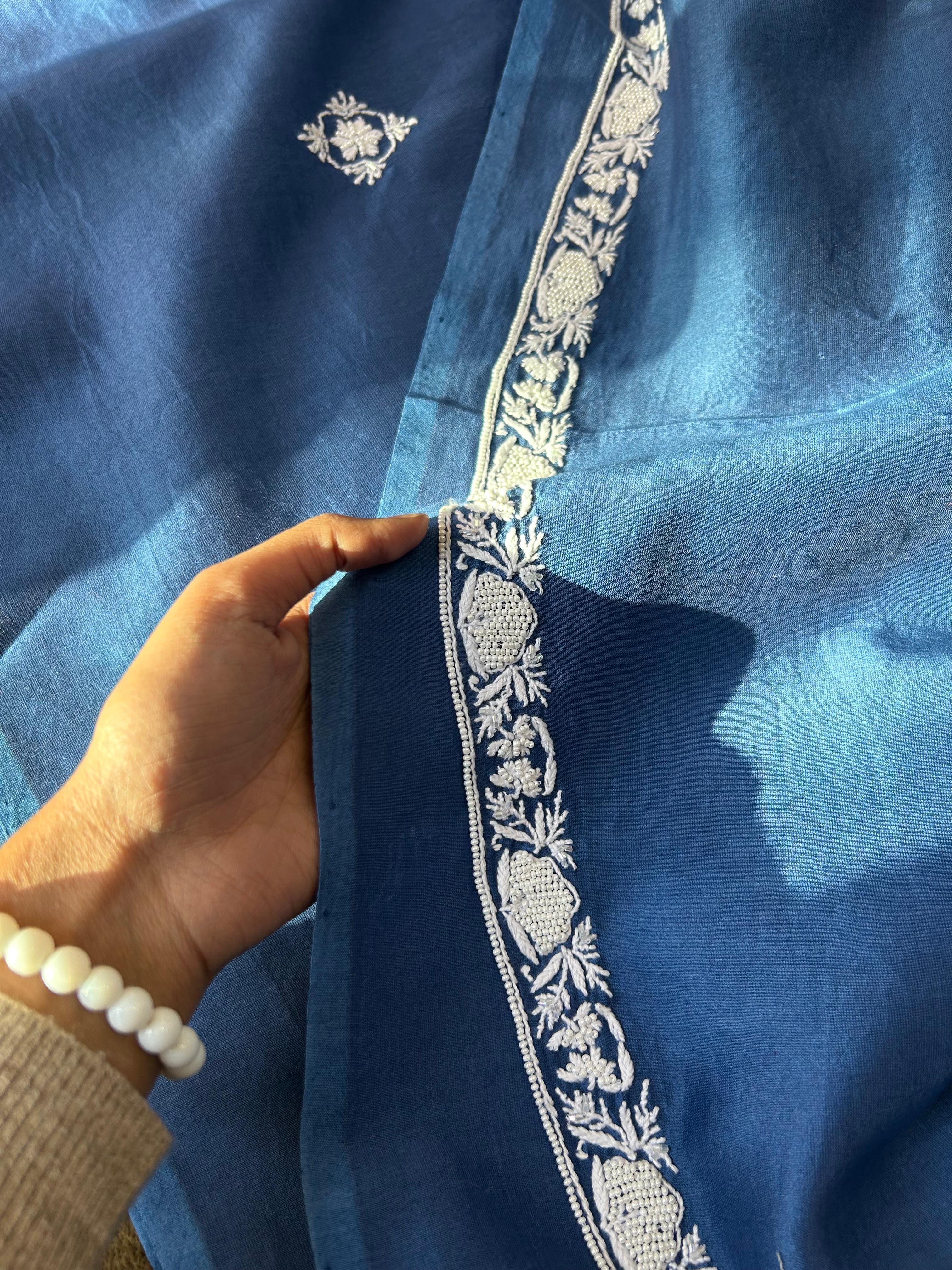 Blue Chanderi Chikankari Mens kurta