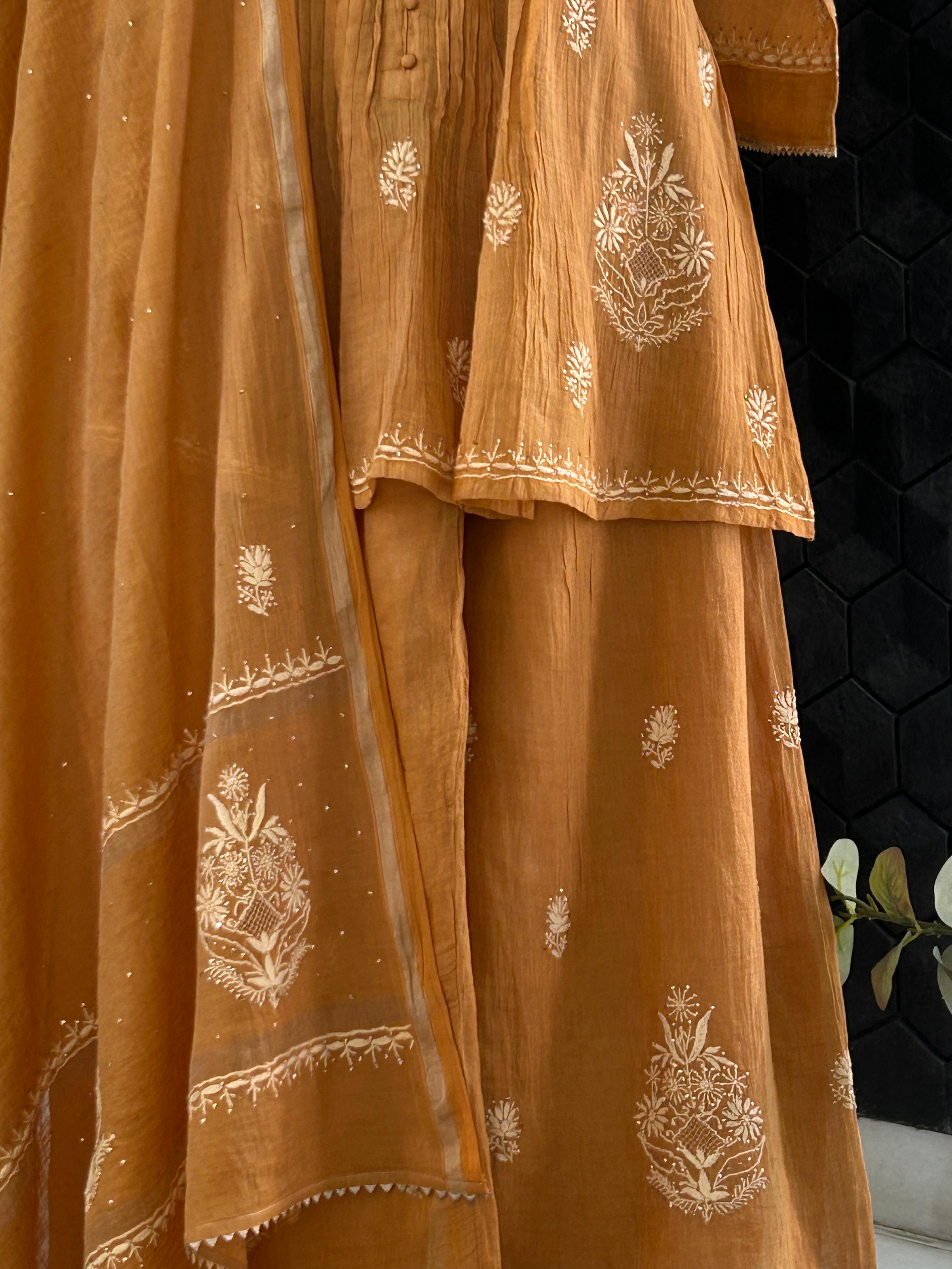 Orange Silver Tissue Chikankari Garara Set