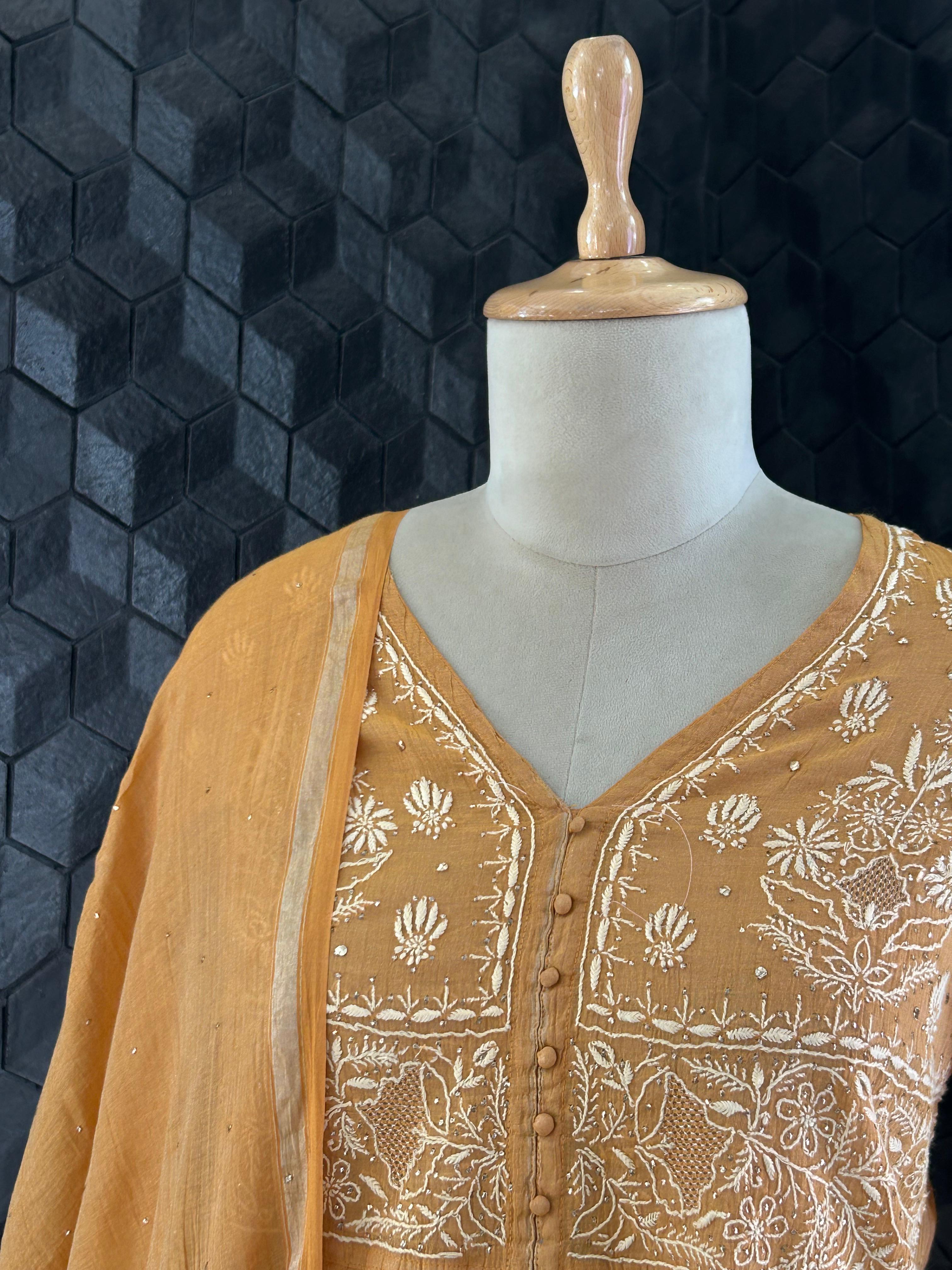 Orange Silver Tissue Chikankari Garara Set