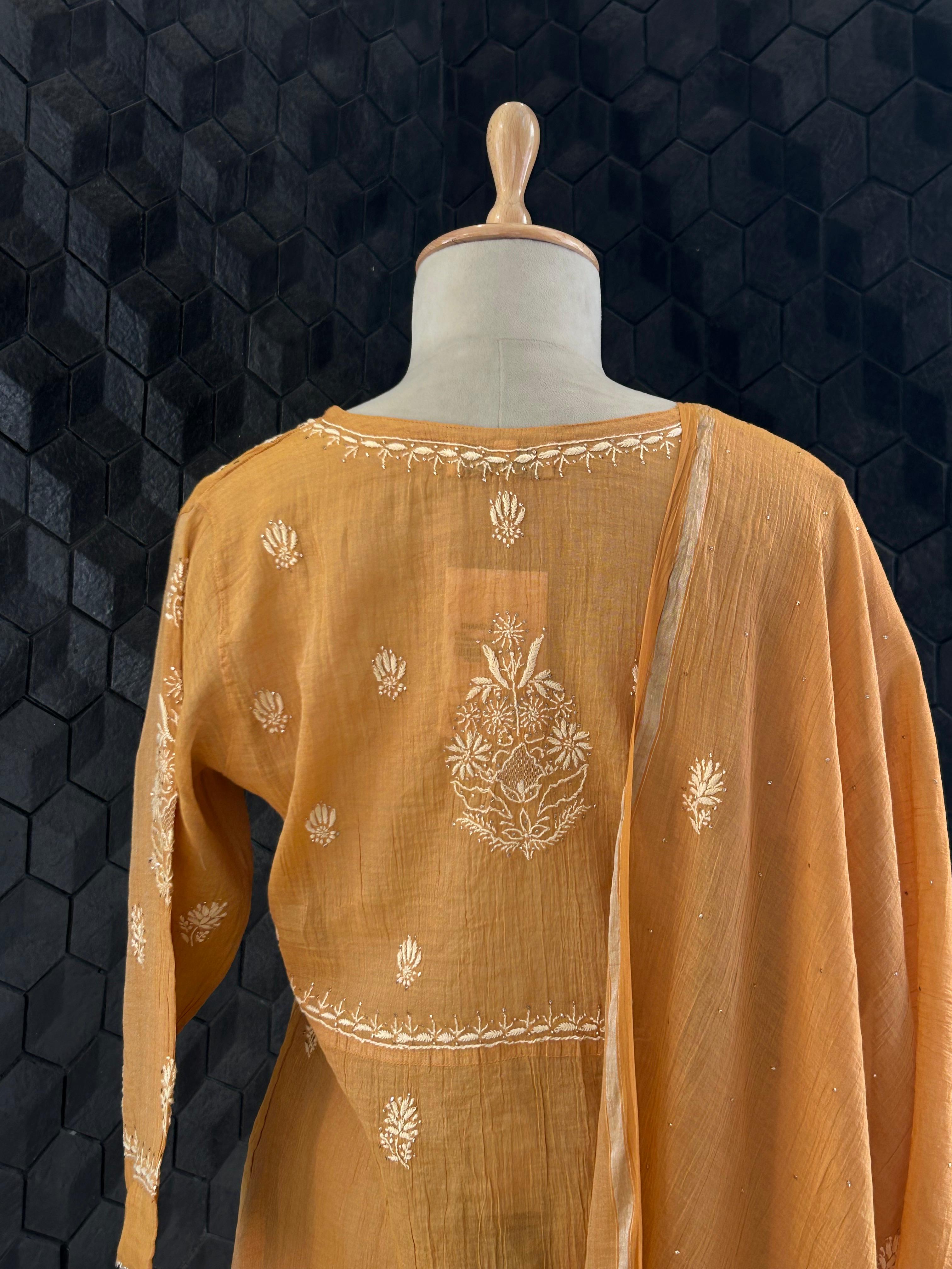 Orange Silver Tissue Chikankari Garara Set
