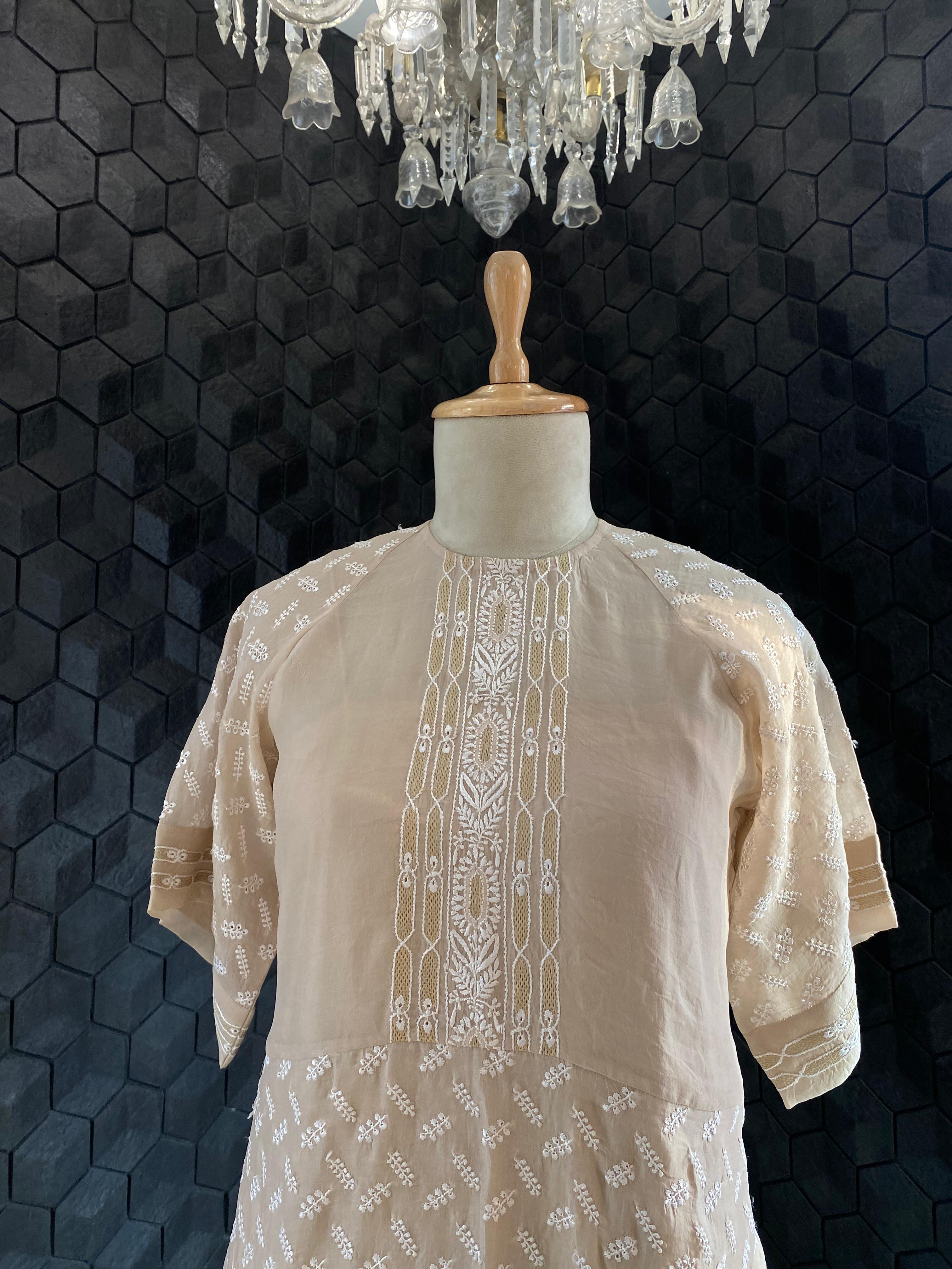 Beige Organza Chikankari Dress
