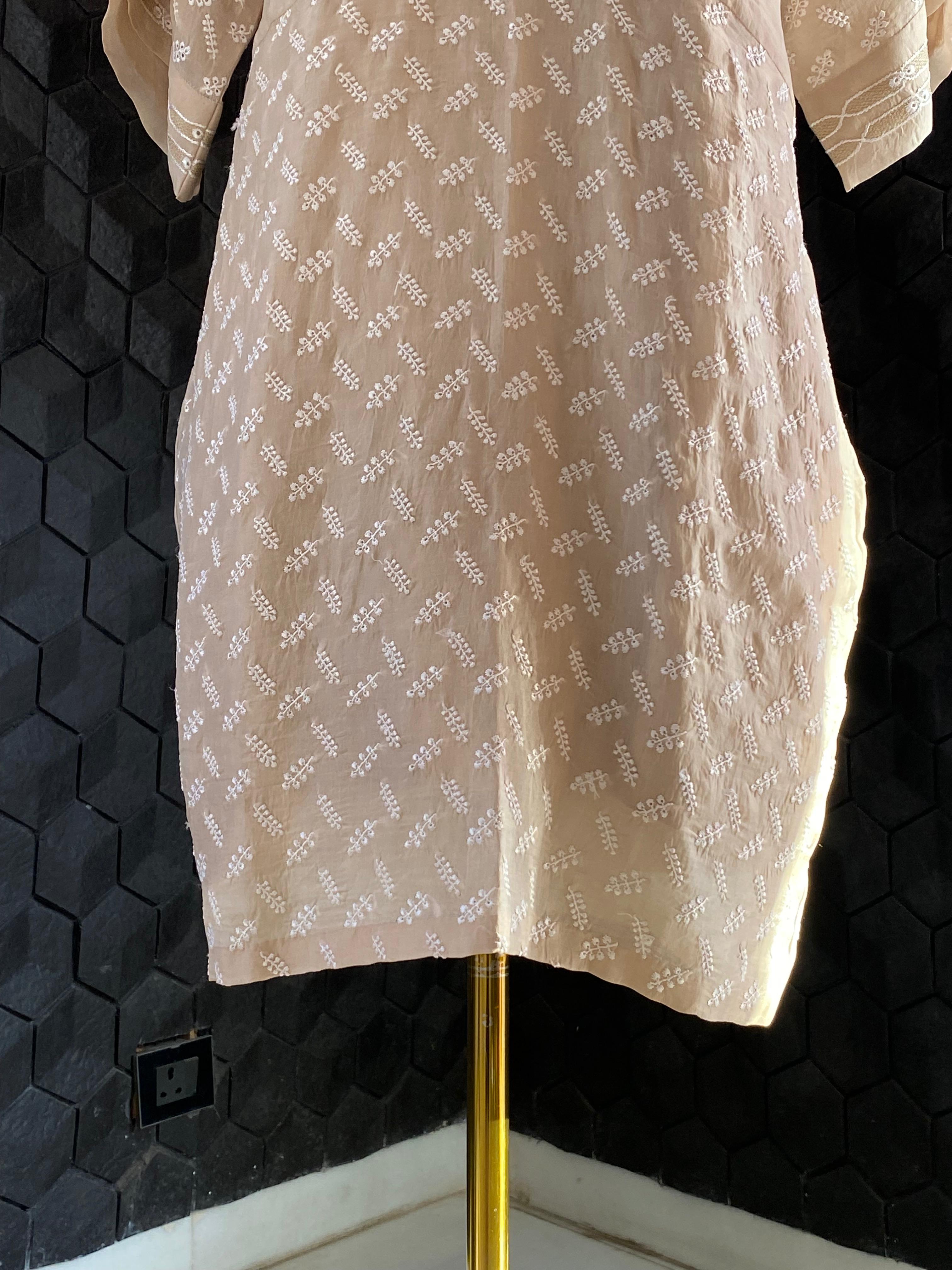 Beige Organza Chikankari Dress