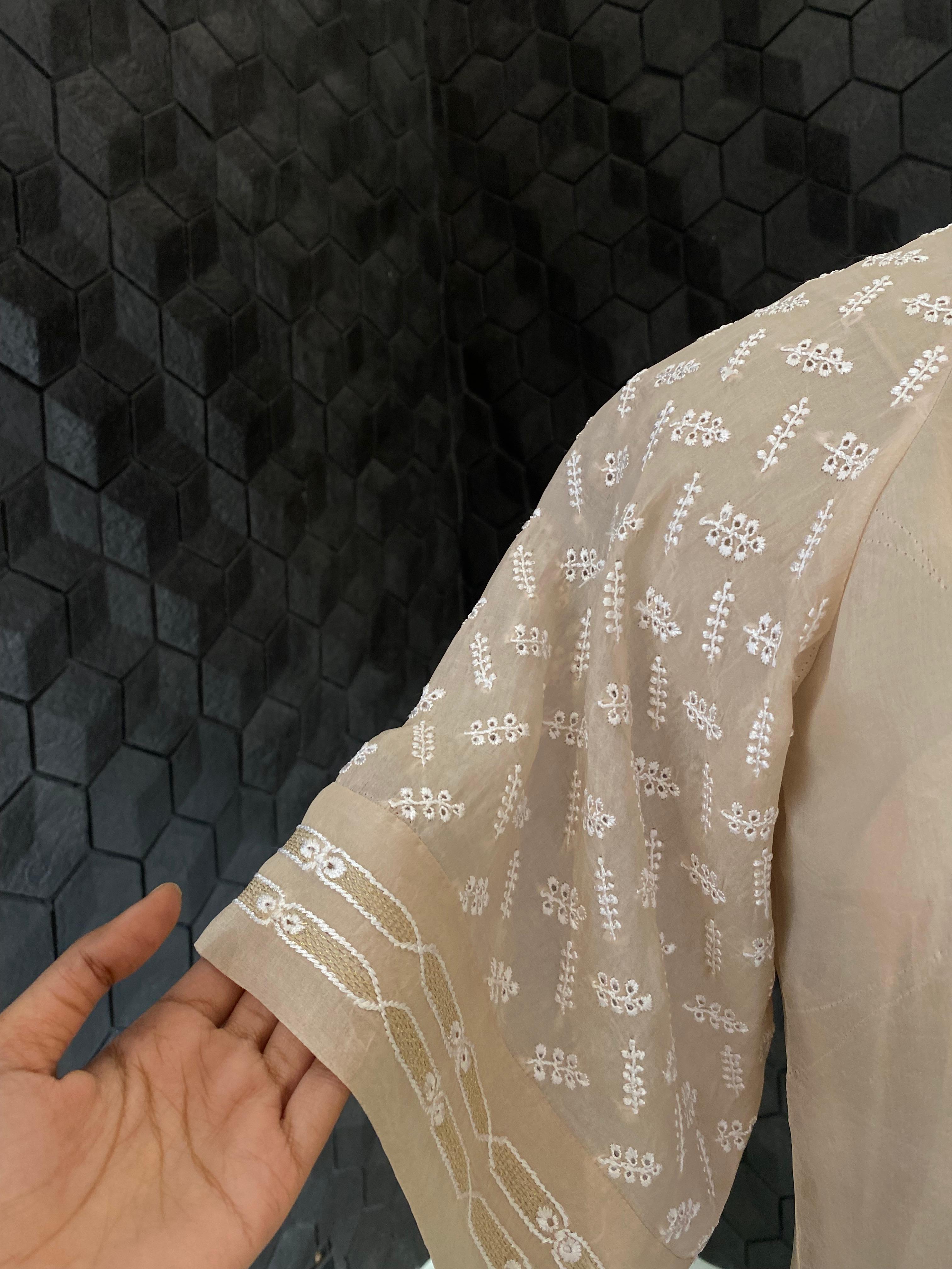 Beige Organza Chikankari Dress