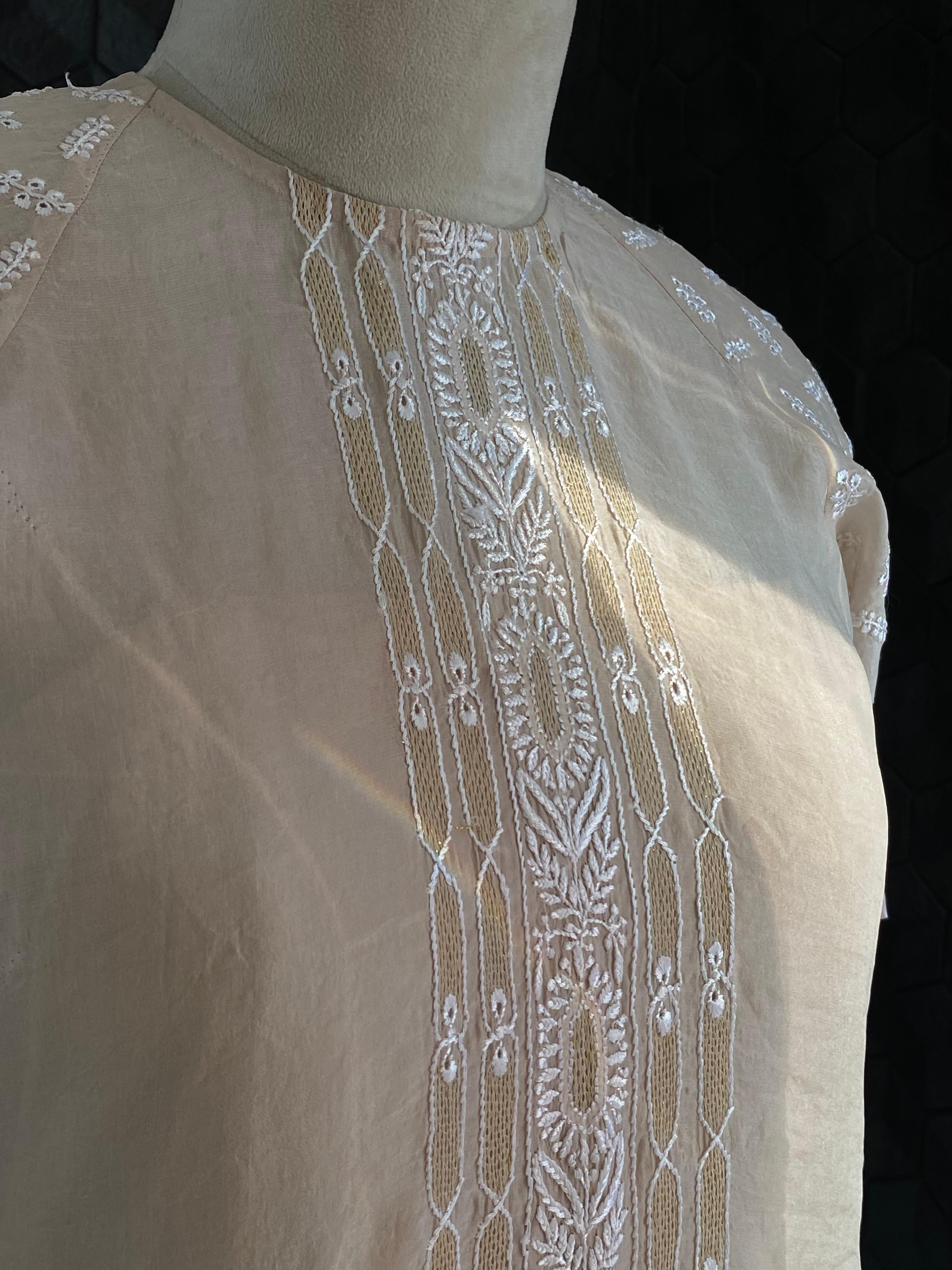 Beige Organza Chikankari Dress