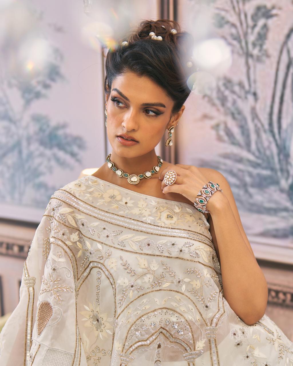One-Shoulder Organza Chikankari  Sharara Set