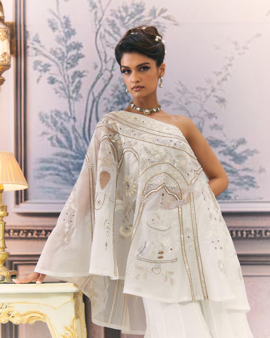 One-Shoulder Organza Chikankari  Sharara Set